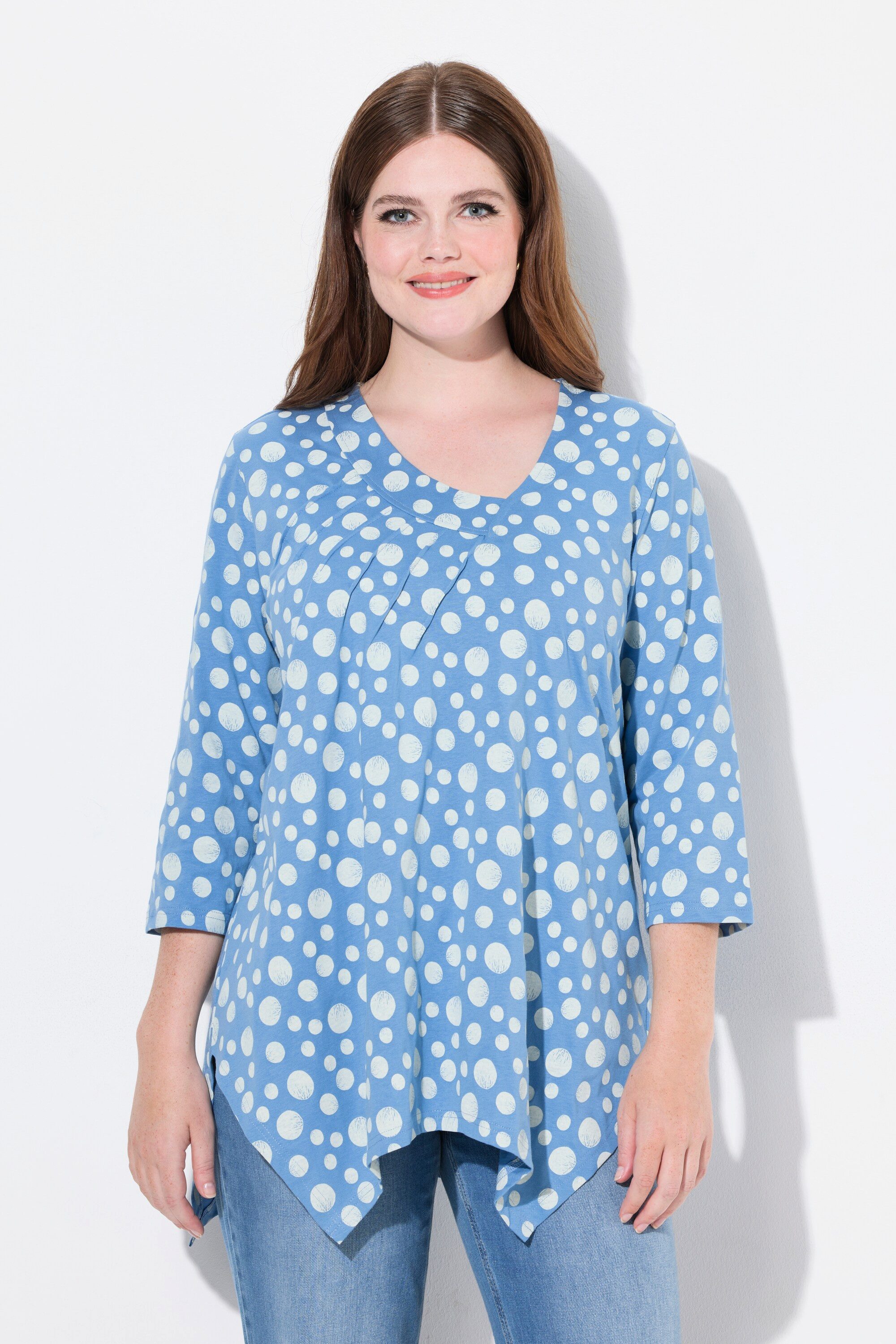 Ulla Popken Longshirt Shirt Zipfelsaum V-Ausschnitt 3/4-Arm Biobaumwolle