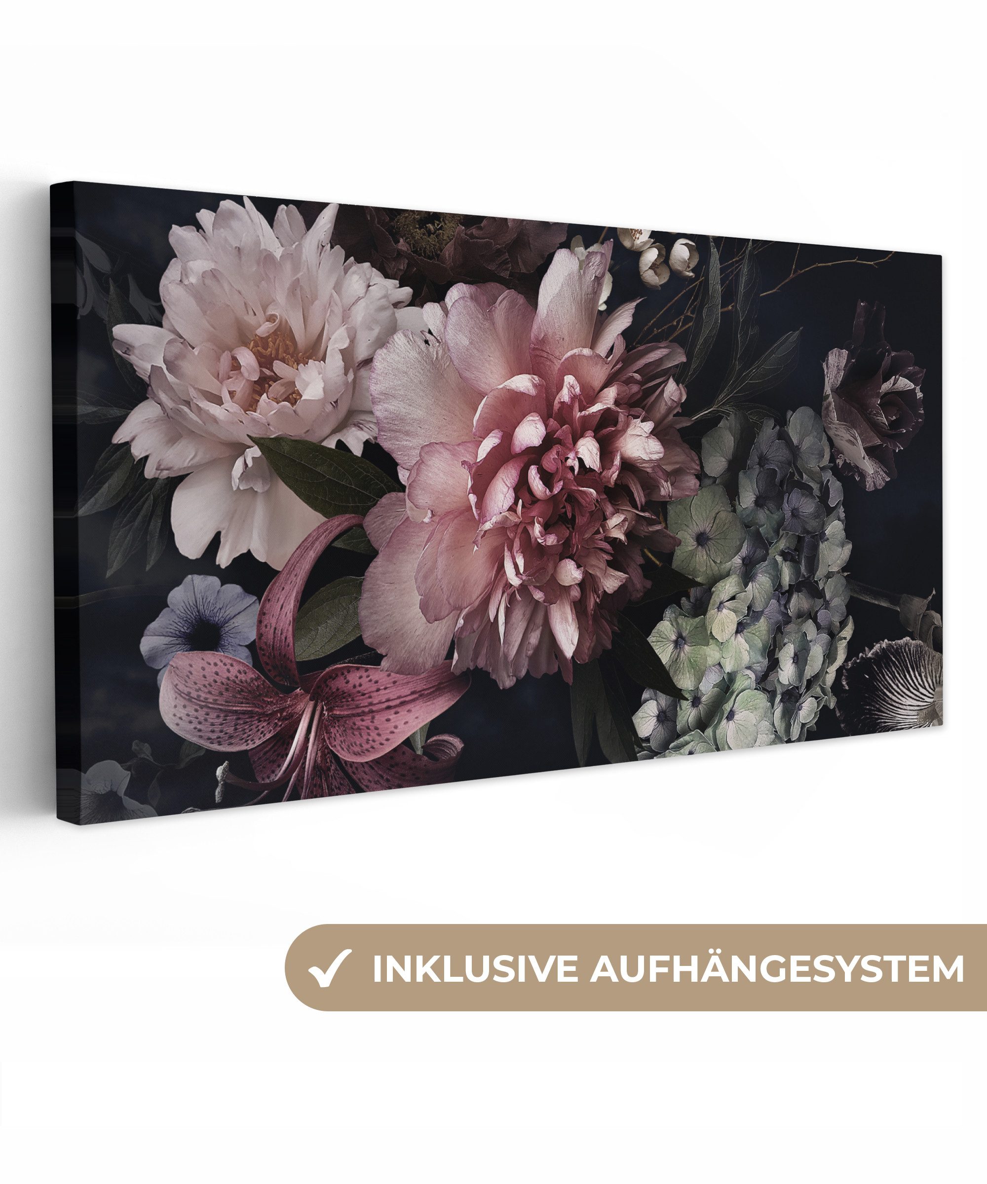 OneMillionCanvasses® Leinwandbild Panorama Blumen - Vintage - Pastell - Rosa - Weiß, Fotodruck (1 St), Leinwand Bilder für Wohnzimmer Schlafzimmer 60x30 cm