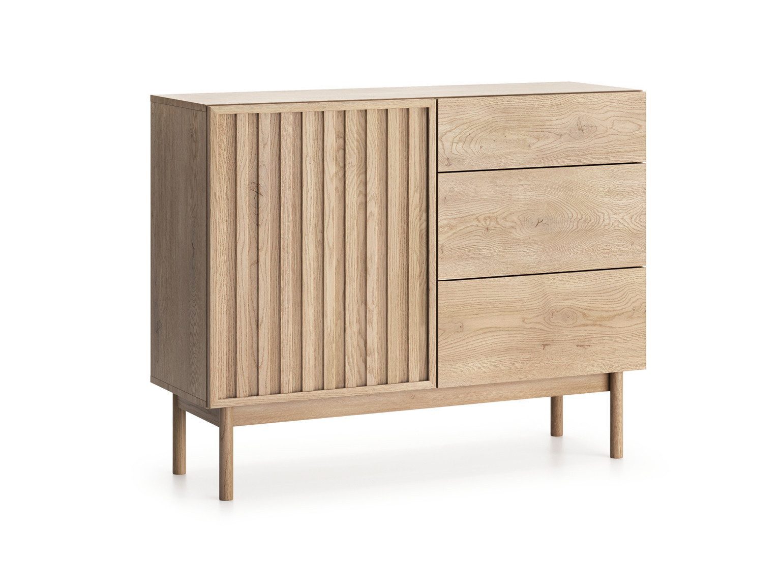 Beautysofa Kommode SAPPORO im Japandi-Stil (Push-to-Open-Funktion, mit 3 Schubladen und 1 Tür), Lamellenfront