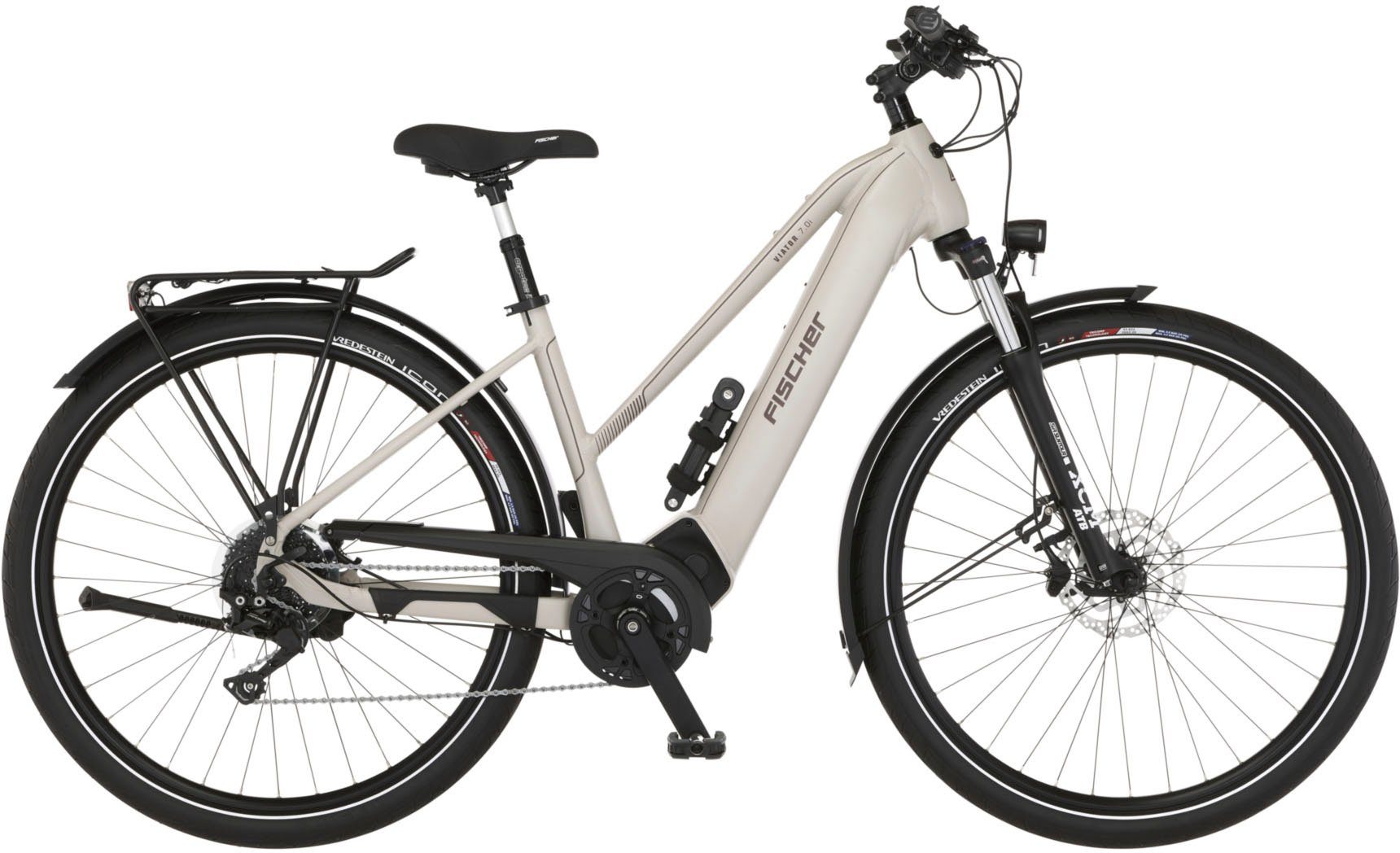 FISCHER Fahrrad E-Bike Trekkingrad VIATOR 7.0i Damen, 10 Gang Shimano Deore Schaltwerk, Kettenschaltung, Mittelmotor, 630 Wh, (mit Faltschloss), Pedelec, Elektrofahrrad für Damen u. Herren