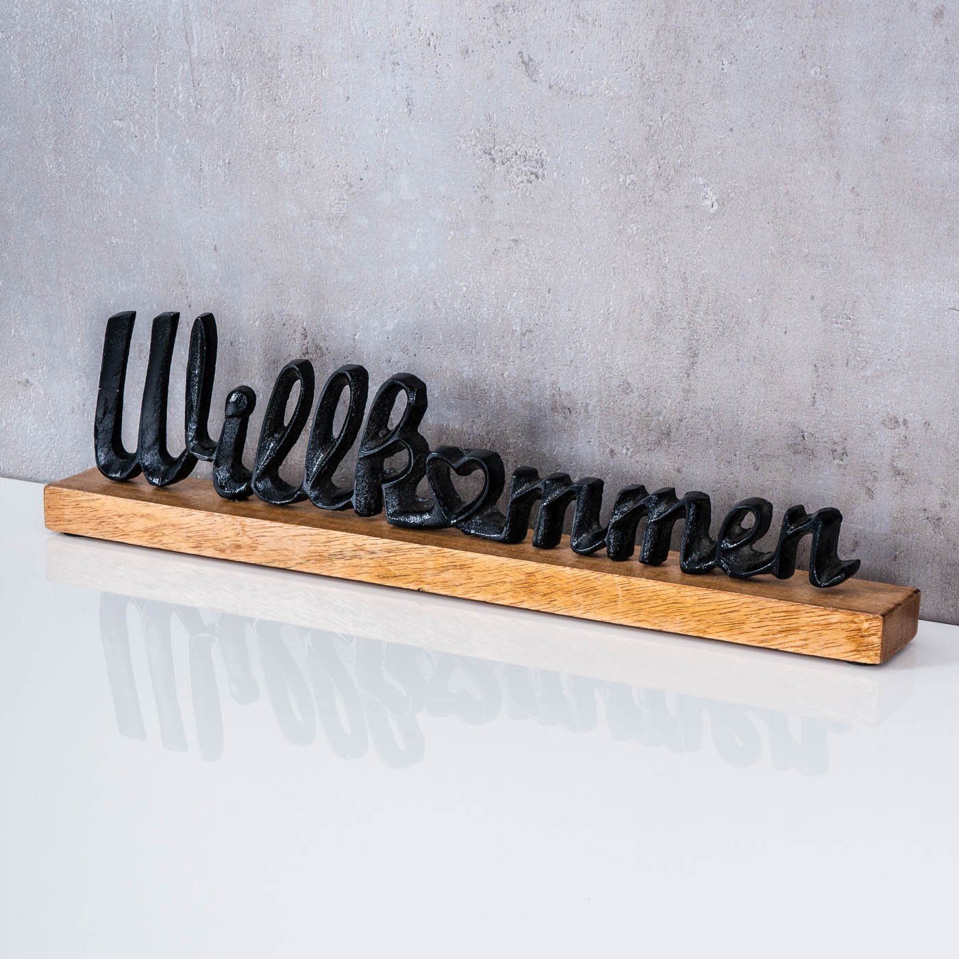 Levandeo® Deko-Schriftzug, Schriftzug Willkommen L45cm Metall Schwarz Mango Holz Tischdeko Deko