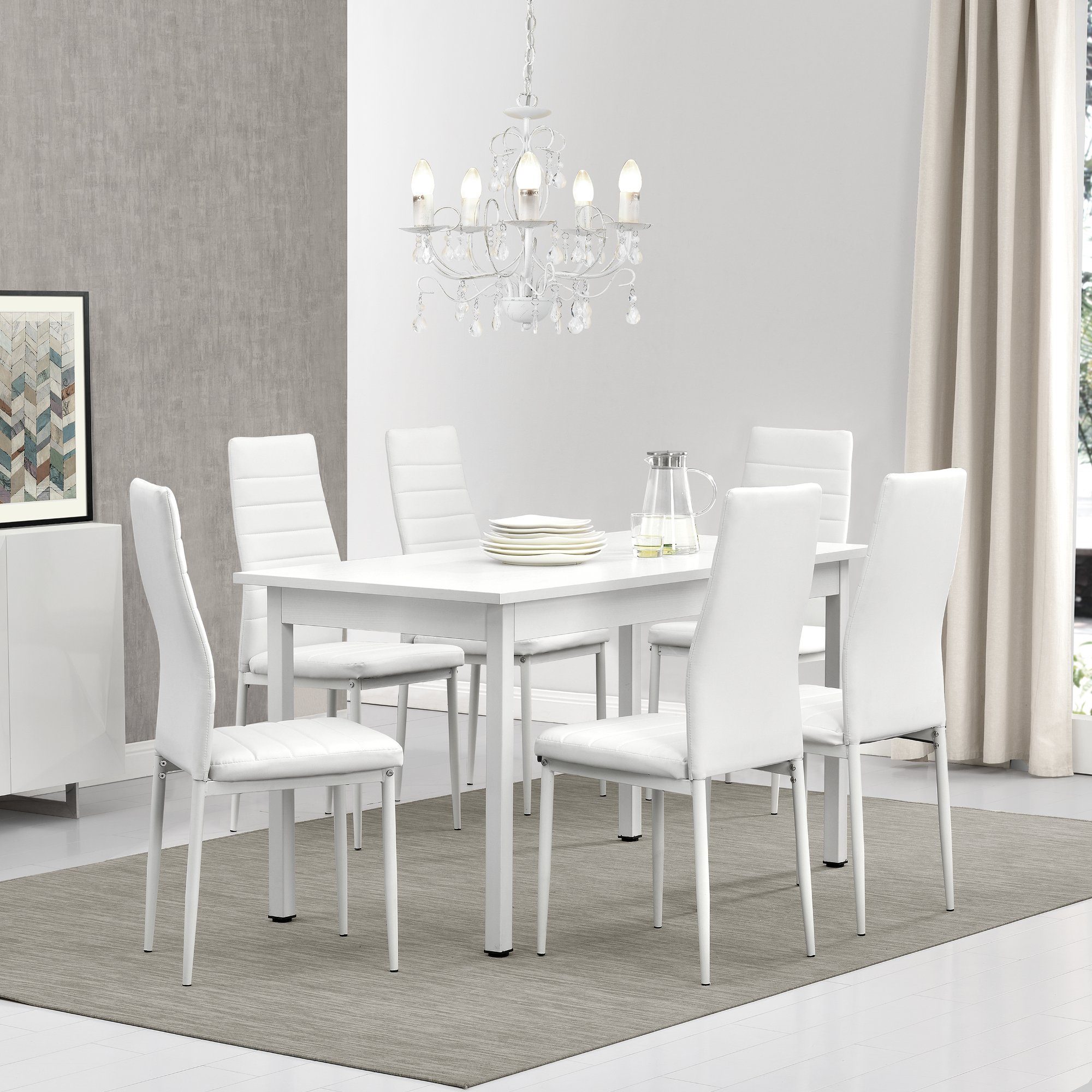 en.casa Essgruppe, (Set, 7-tlg., Esstisch mit 6 Stühlen), »Bjerkvik« 140x60cm Küchentisch Kunstleder Stühle weiß