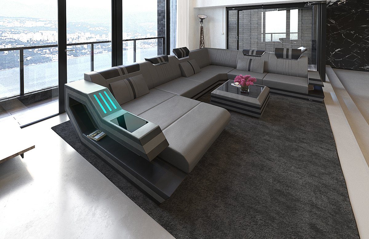 Sofa Dreams Wohnlandschaft Sofa Leder Ledercouch Ravenna XXL U Form Ledersofa, Couch, mit LED, wahlweise mit Bettfunktion als Schlafsofa, Designersofa