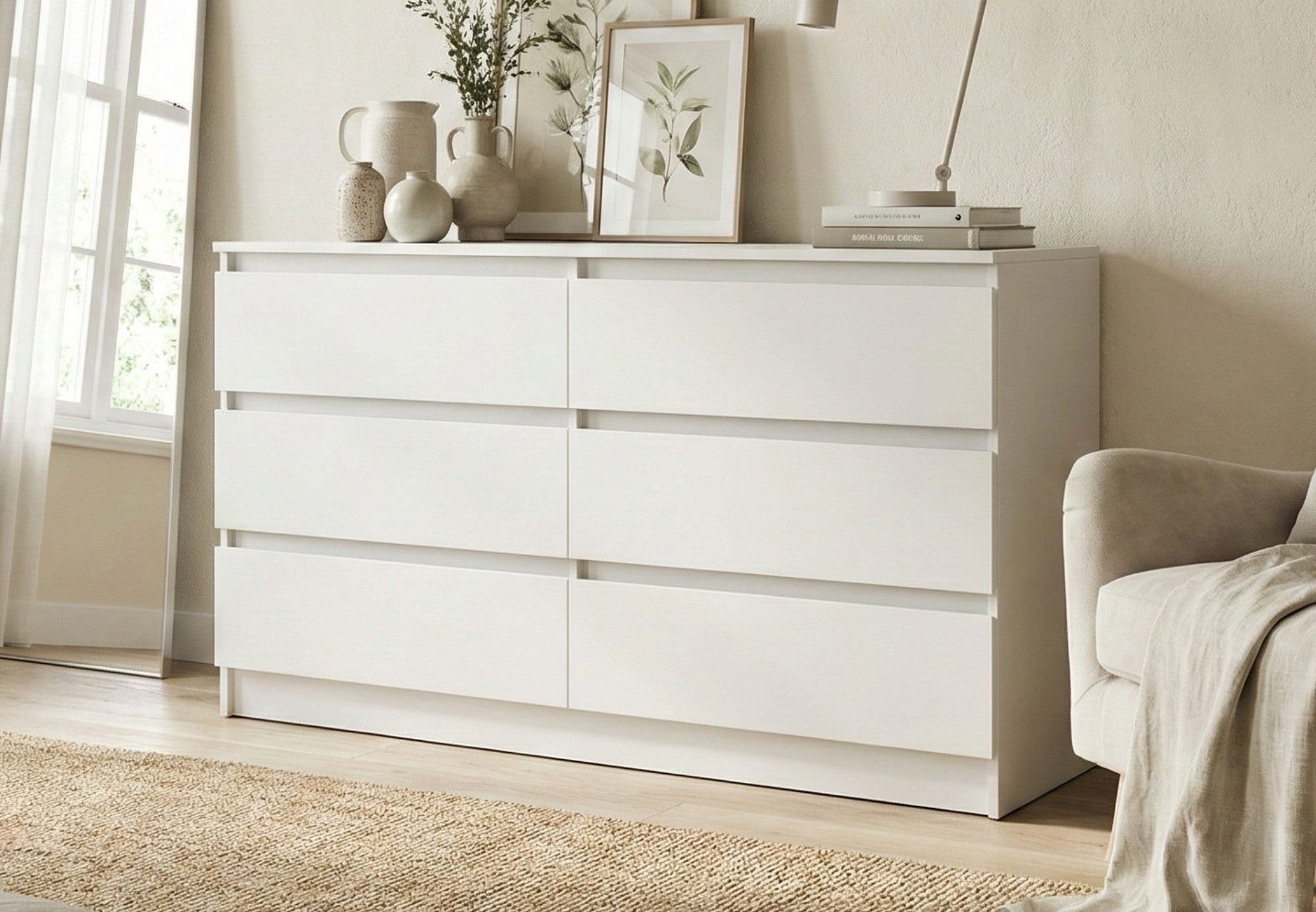 Home Collective mit 6 Schubladen 95, 120, 140, 160 cm breit Holz Schrank (Highboard Anrichte Schlafzimmer Wohnzimmer Flur Büro Organizer), Kommode 140 cm breit Kommode Sideboard, Weiß
