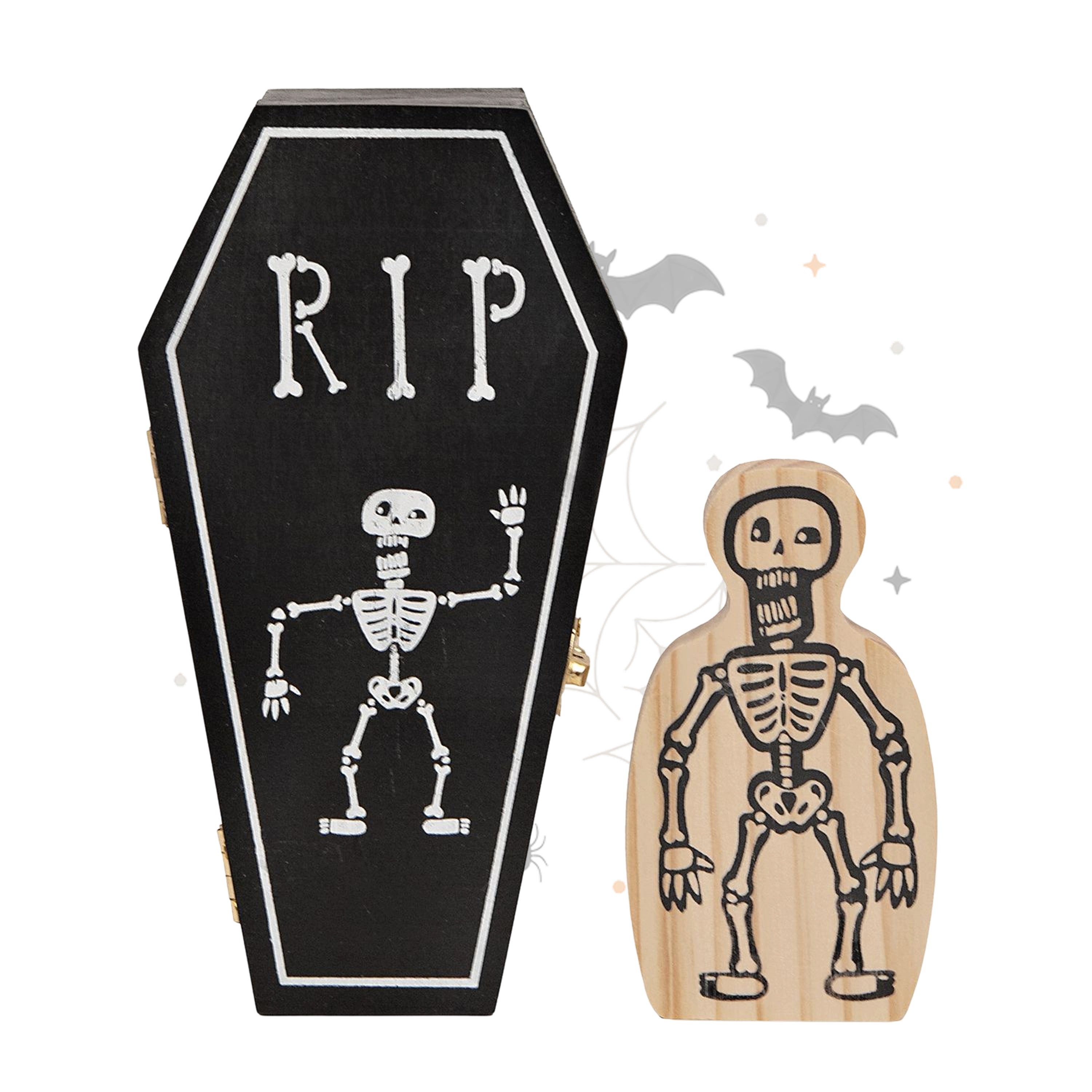Logbuch-Verlag Geschenkbox Halloween Sarg Box RIP 17 cm mit Holz-Skelett – Mini-Schatulle als