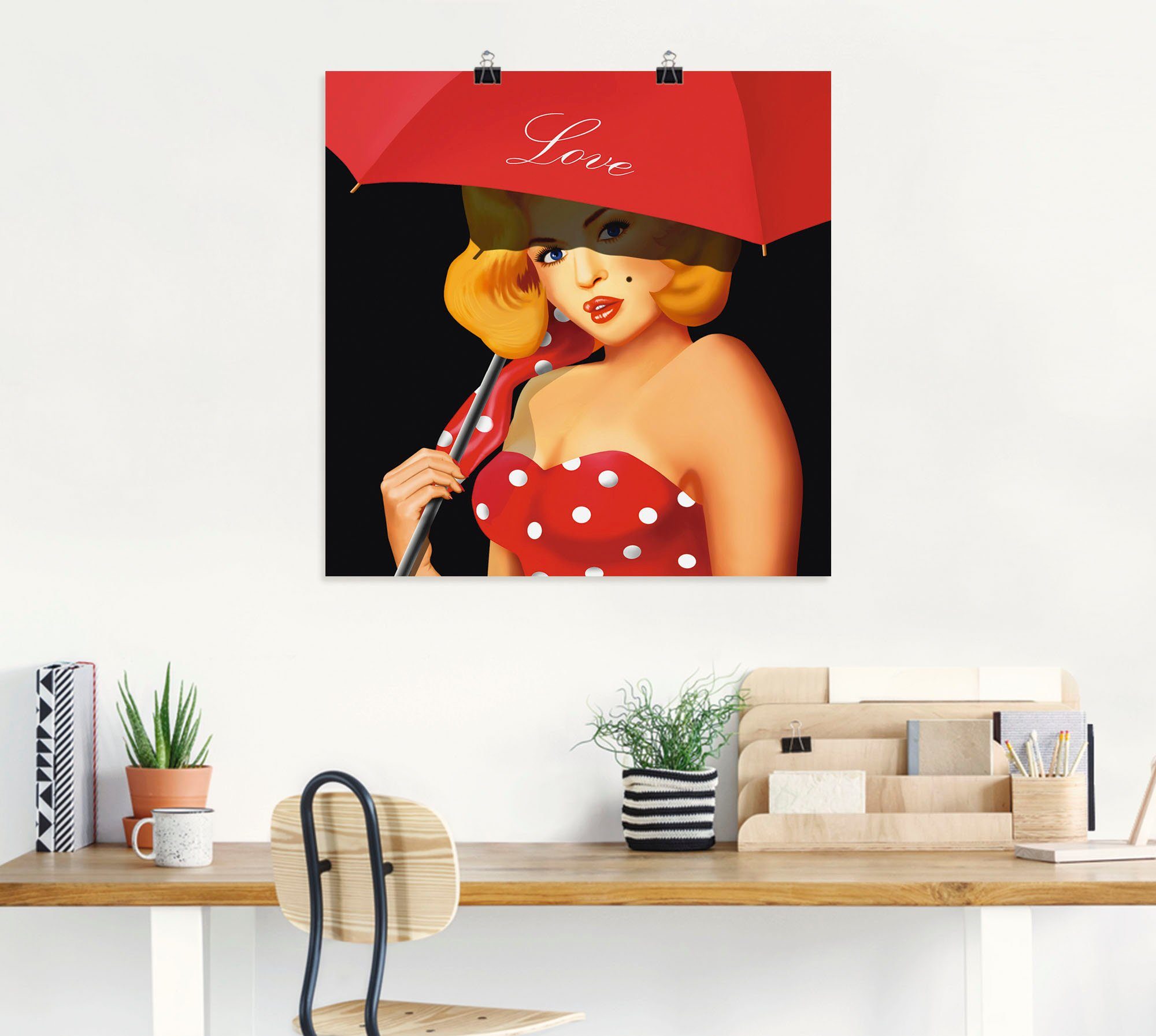 versch. rotem oder Frau Girl Pin-Up (1 Alubild, Artland Größen St), Poster Wandaufkleber als Leinwandbild, Wandbild in Regenschirm, unter