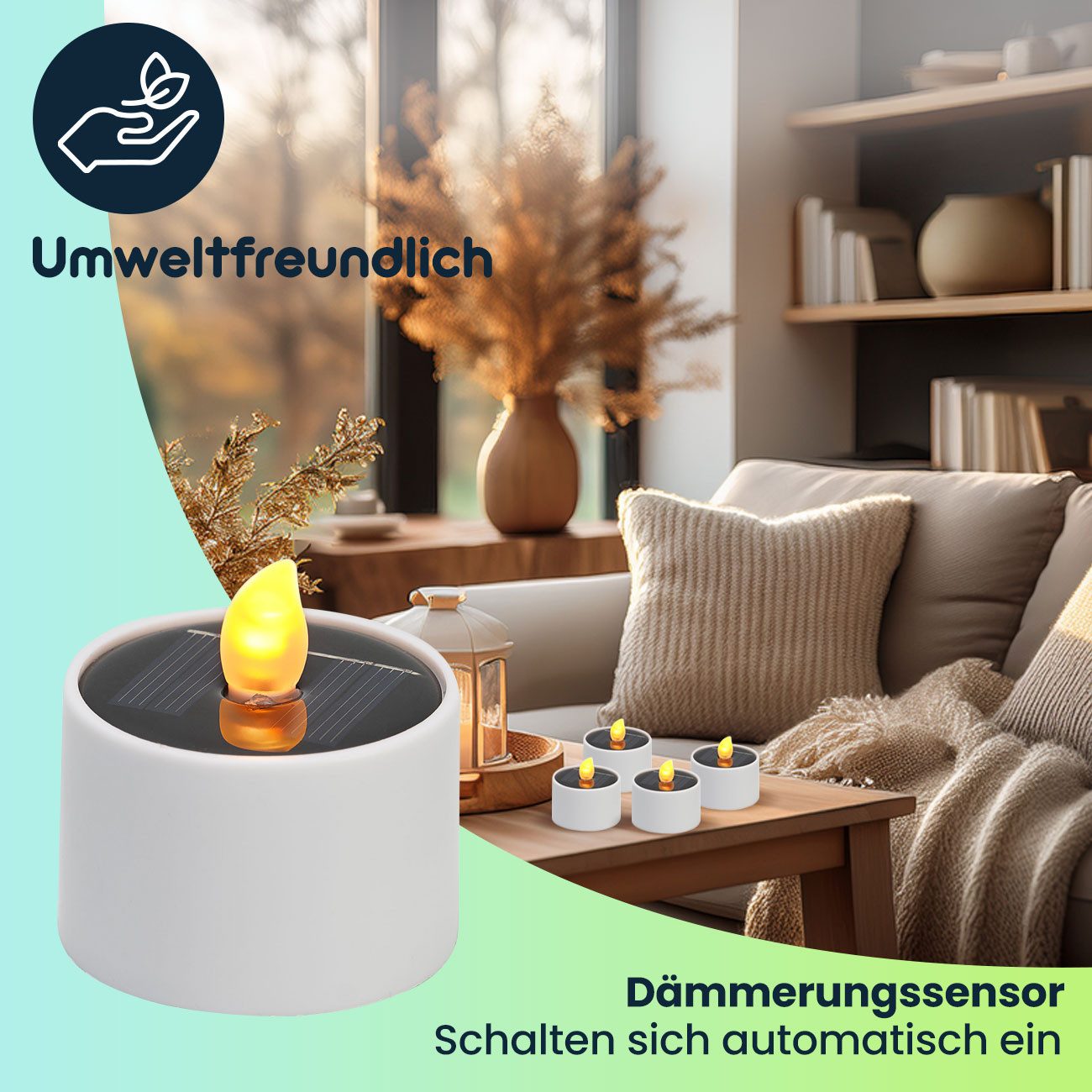 Casativo LED-Teelichter Solar-LED Teelichter IP44 bis 8 St. mit Dämmerungssensor Kabellos, LED fest integriert, warmweiß, Flammen-Effekt als Nachtlicht, ca. 8 S – Bild 4 von 5