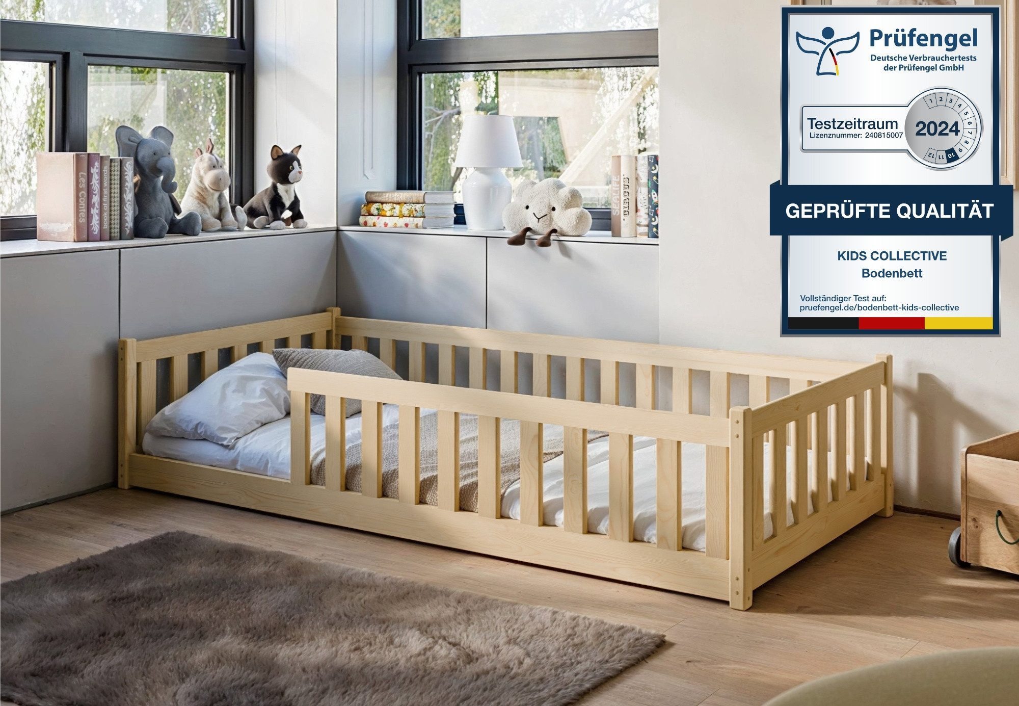 Kids Collective Kinderbett Bodenbett Bett mit Rausfallschutz & Lattenrost Montessori Bett Kinder (weitere Größen 80x160, 80x180, 90x200, 120x200, 140x200 cm), Jugendbett Einzelbett optional mit Matratze, natur Kiefer 90 x 190 cm