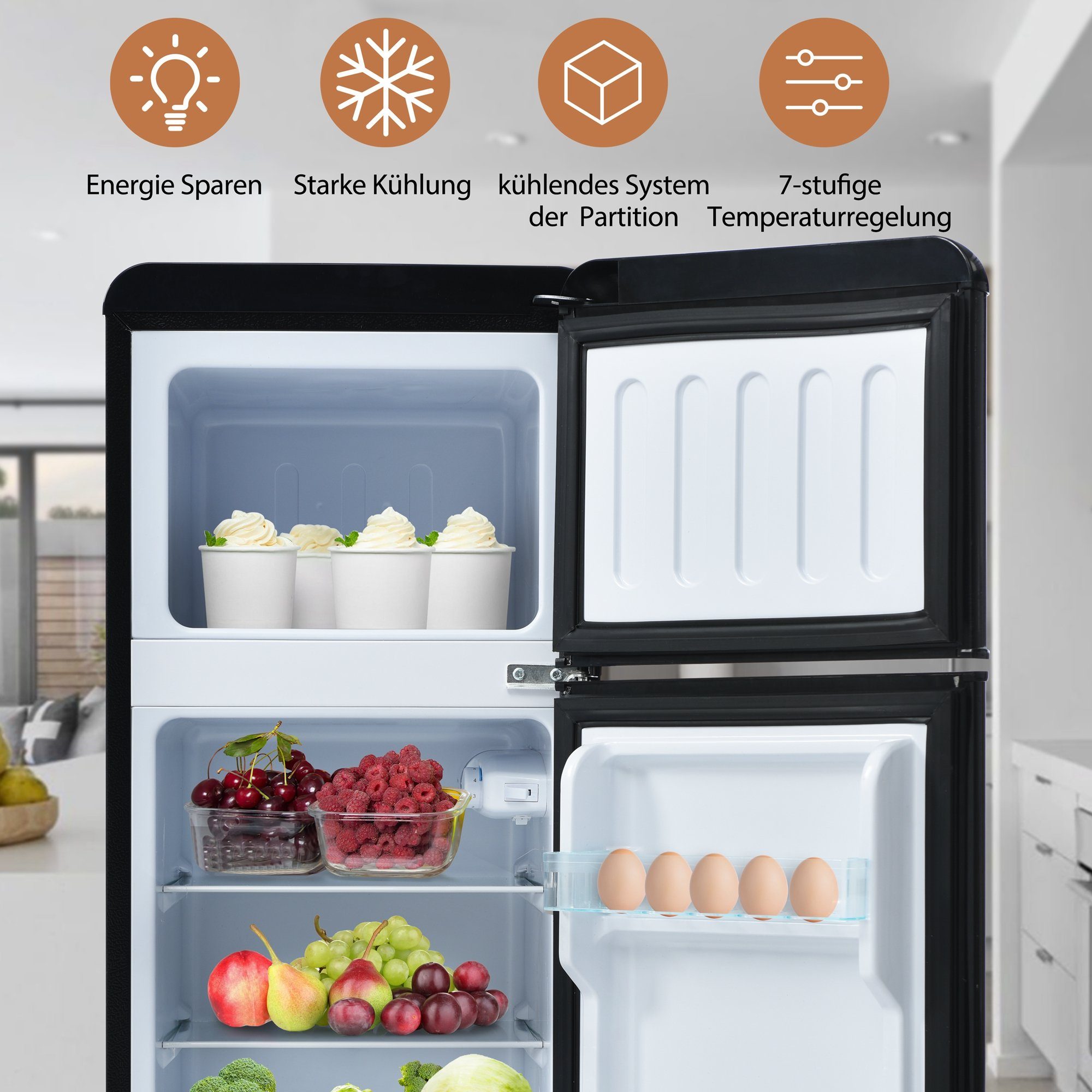 Merax Kühlschrank Retro Kühl-/Gefrierkombination BCD-102, 101 cm hoch, 41 cm breit, 92 Liter, Metall Türgriff, verstellebare Ablage und Füße