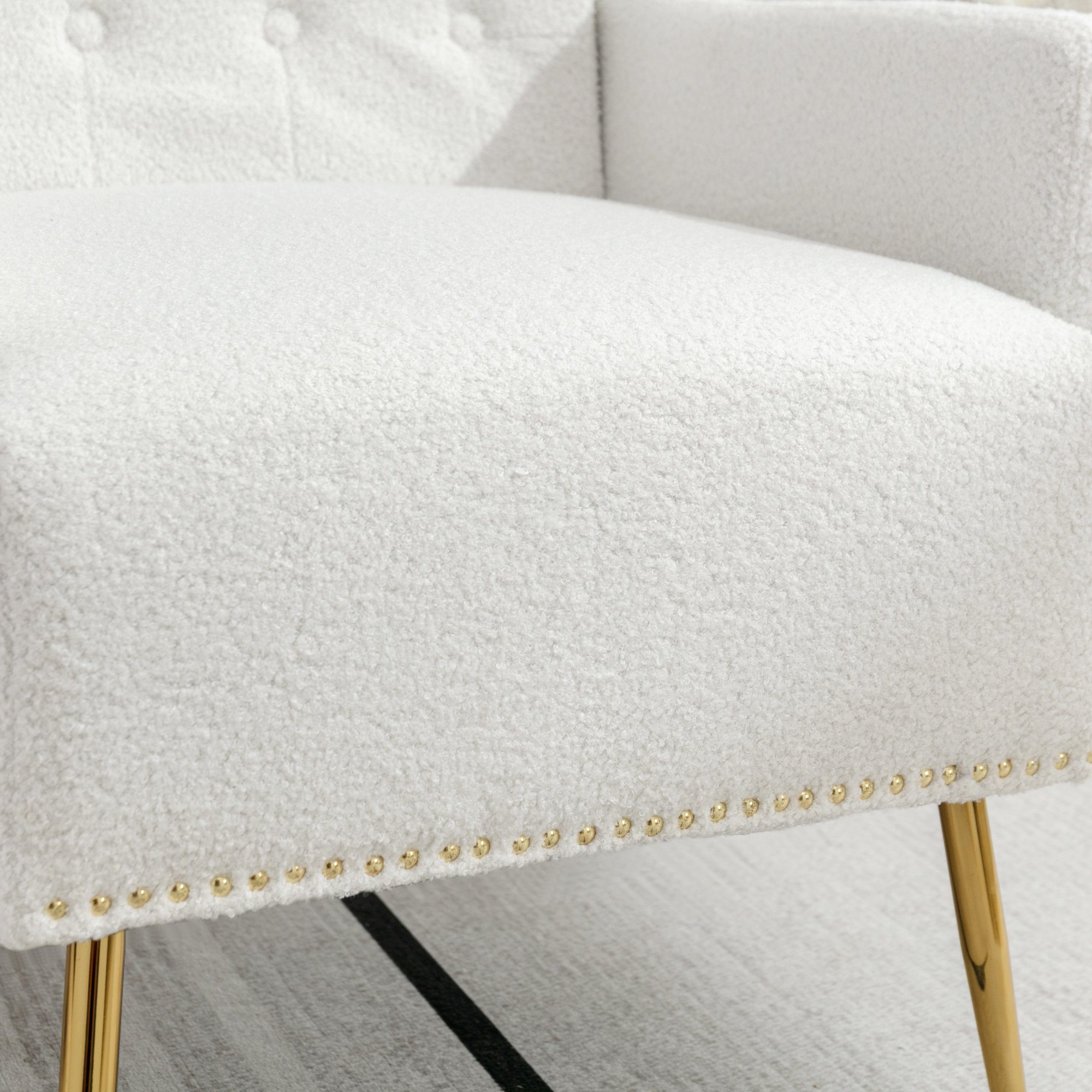 Merax Sessel Teddyplüsch Bezug Polstersessel, Fernsehsessel Metallbeine, Relaxsessel Weiß mit goldenen Seitentasche, mit Loungesessel, und