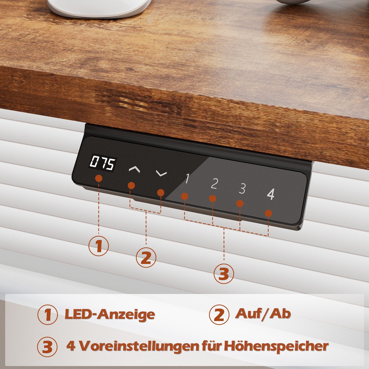 Furnicopia Schreibtisch Höhenverstellbar mit einer 25 mm dicken einteiligen Tischplatte (4-fache Höhenspeicherfunktion, Zweimotorantrieb und Tragfähigkeit über  – Bild 5 von 5