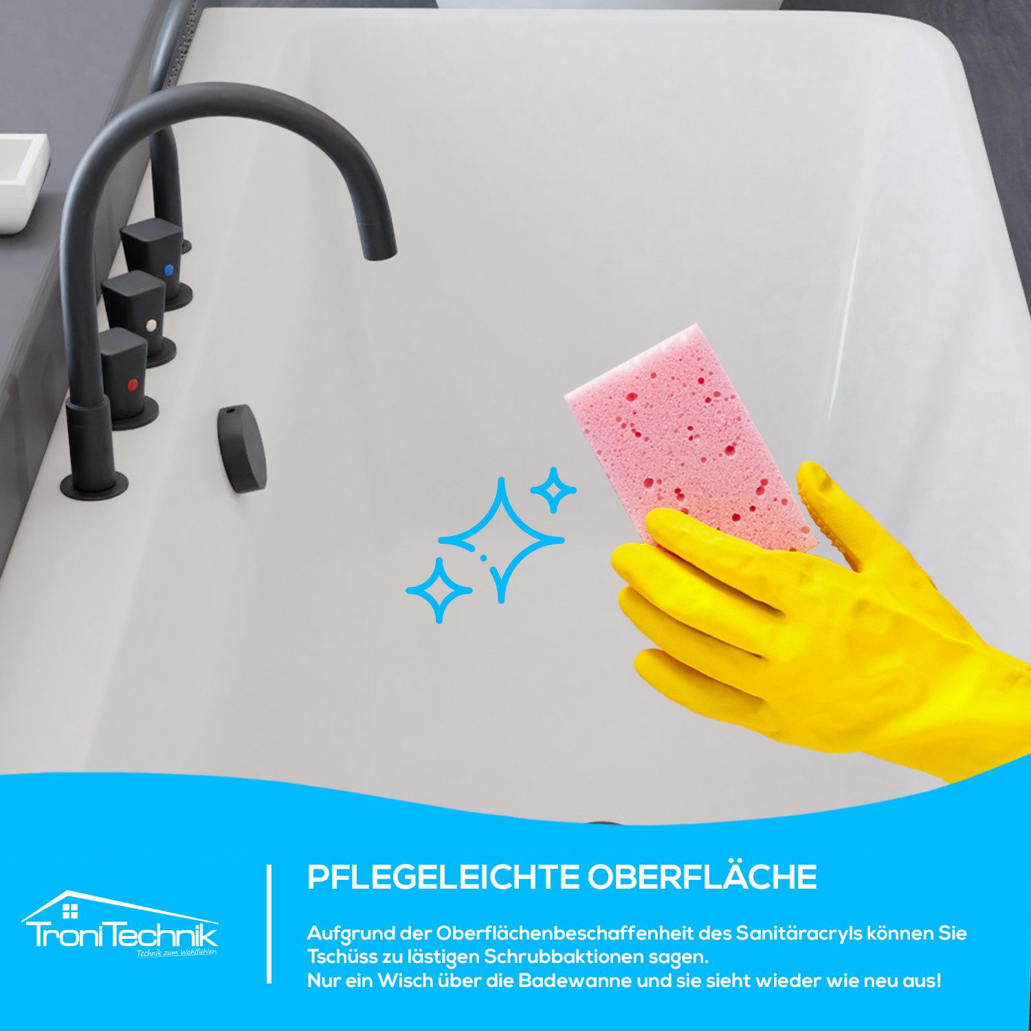 TroniTechnik Badewanne SARIA mit schwarzer Armatur, 170 x 80 x 58cm (L x B x H), (inkl. Armatur, vormontiert,hochwertiges Sanitäracryl, Wärmespeichernd, 3-tlg), glasfaserversärktes Acryl,Überlauf-Ablauf und Push-to-open Abfluss