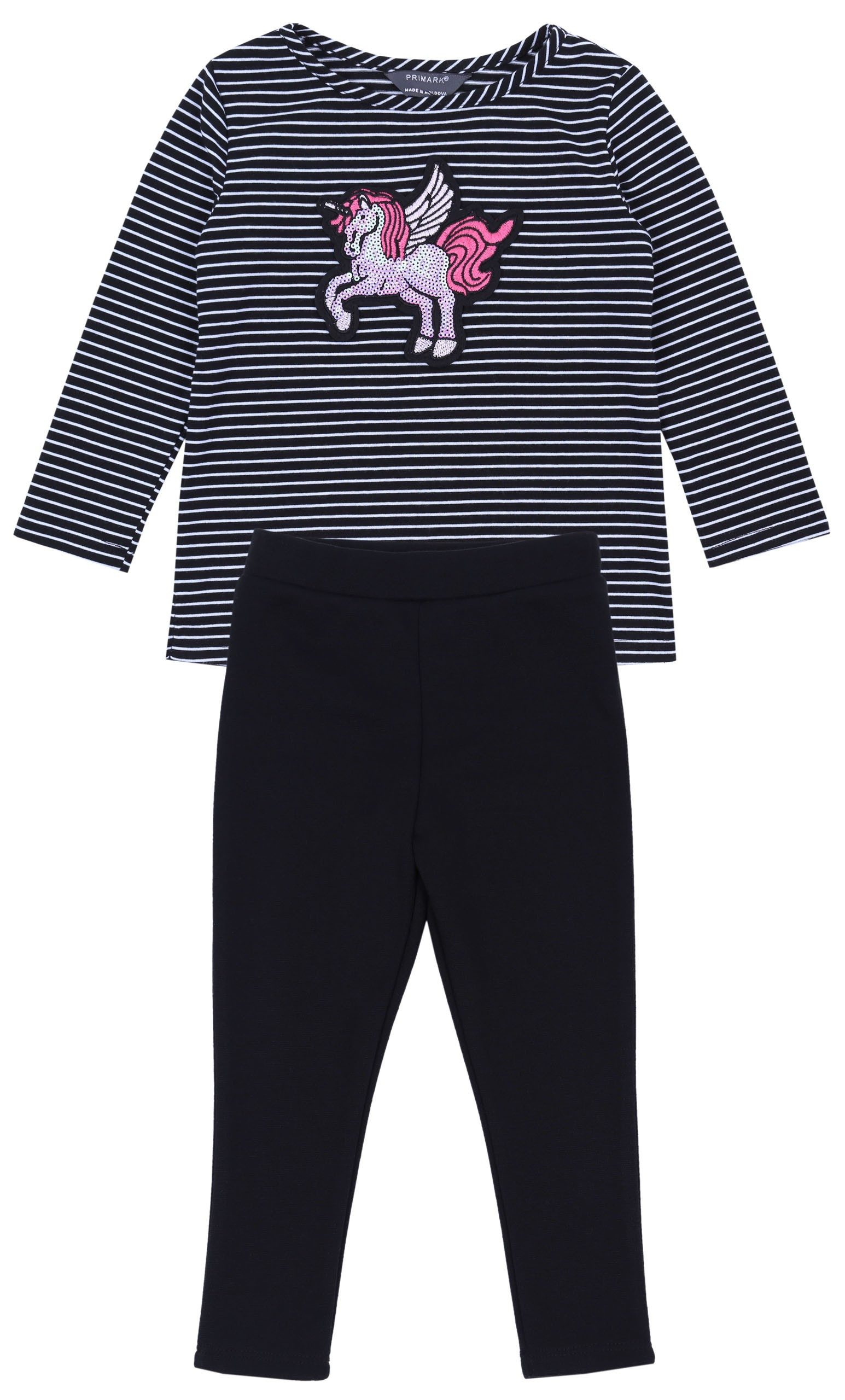T-Shirt & Shorts Set: gestreifte Bluse mit Einhorn + schwarze Leggingshose 2-3 Jahre