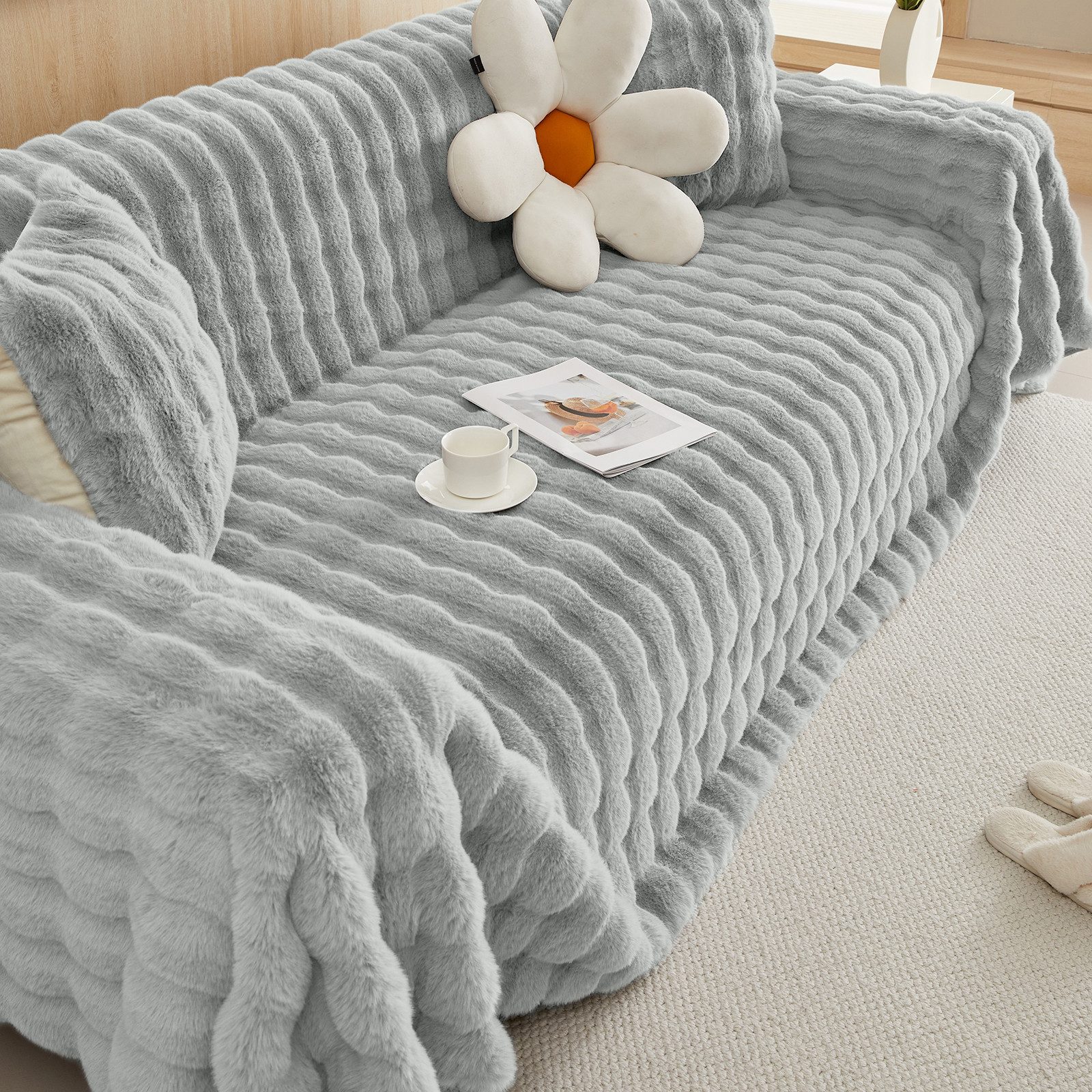 Sunicol Sofabezug Plüsch Dick Sofa Sitzkissenbezug, Couchbezug, Antirutsch, Winter Warme, Superweiche SofaÜberwurf aus Kunstpelz für Wohnzimmer – Bild 4 von 5