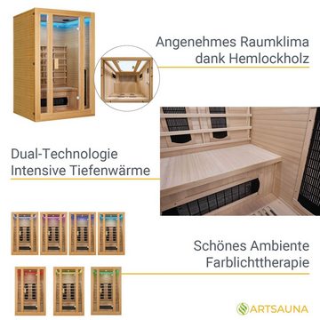 Artsauna Infrarotkabine Nyborg S120K Dual Technologie, für 2 Personen, Hemlock-Holz, HiFi-System, Ionisator, LED-Farblicht