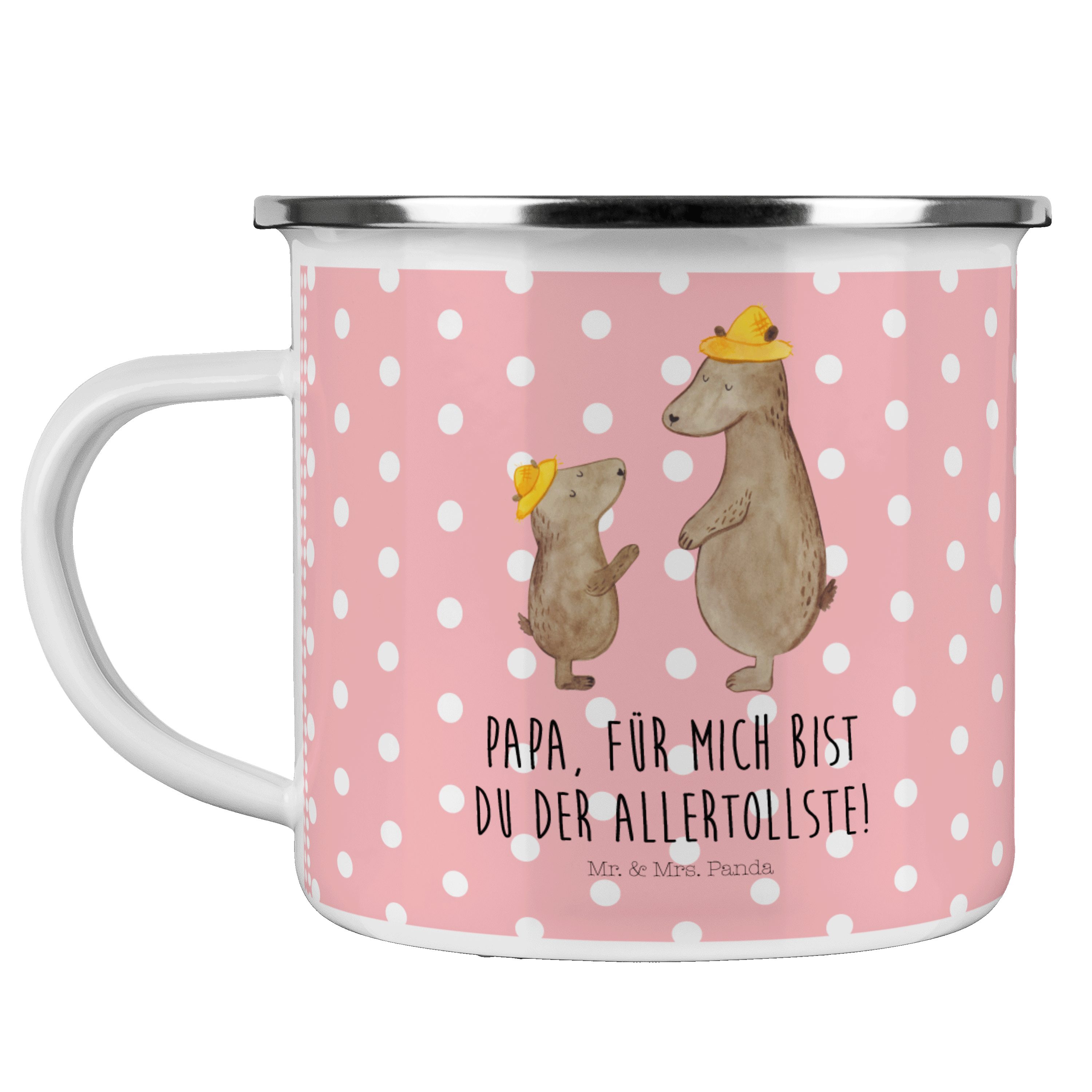 Pastell Geschenk, Bären Metalltasse Mrs. Mr. mit - Panda Vati, Rot Camping, Emaille für & Hut - Becher