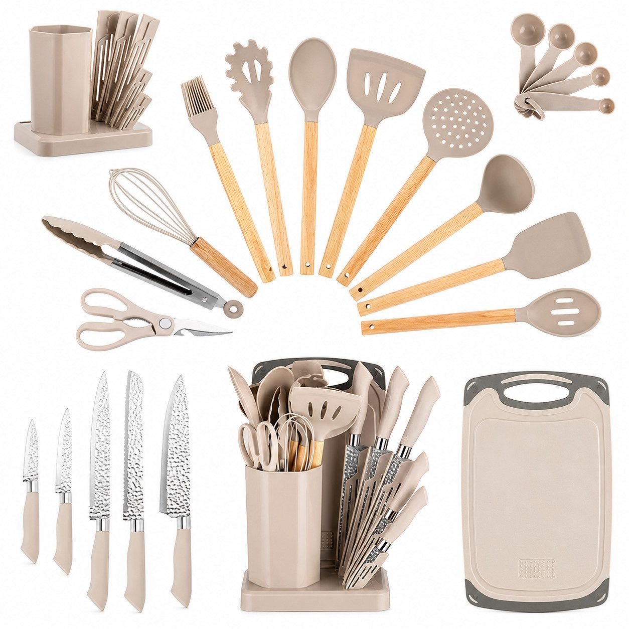Diyarts Kochbesteck-Set (für beschichtete Pfannen, inklusive Kochmesser, Beige 23-teilig, Grün, Weiß und Schwarz je 20-teilig), Schonende Silikon-Küchenhelfer mit Holzgriffen & Messer im Set