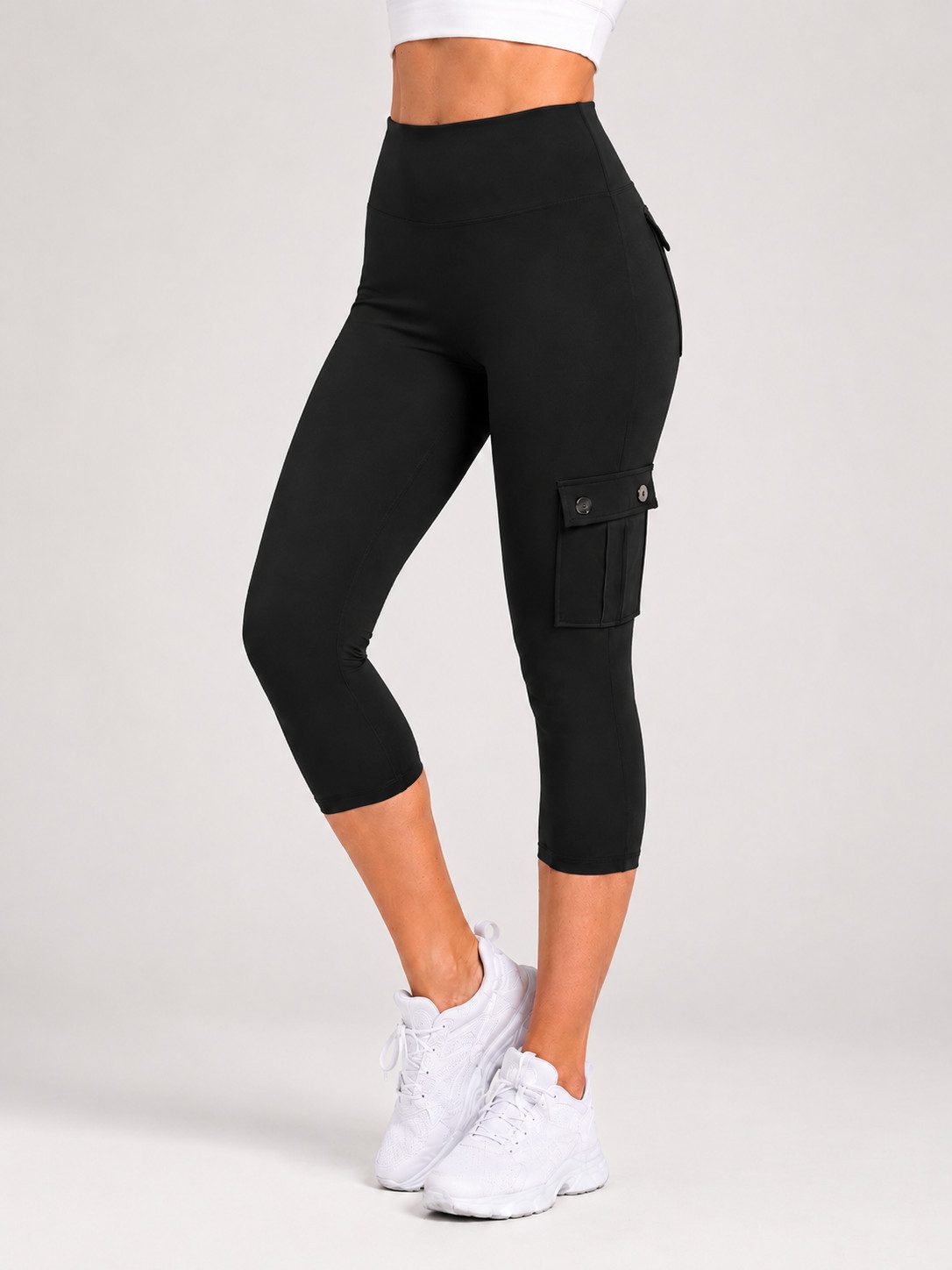 FemmeTone Caprileggings High Waist Sport-Leggings Damen – Yoga & Workout Stretch-Leggings Cargo-Capri-Leggings mit Handy-Taschen – 3/4 Sport Tights