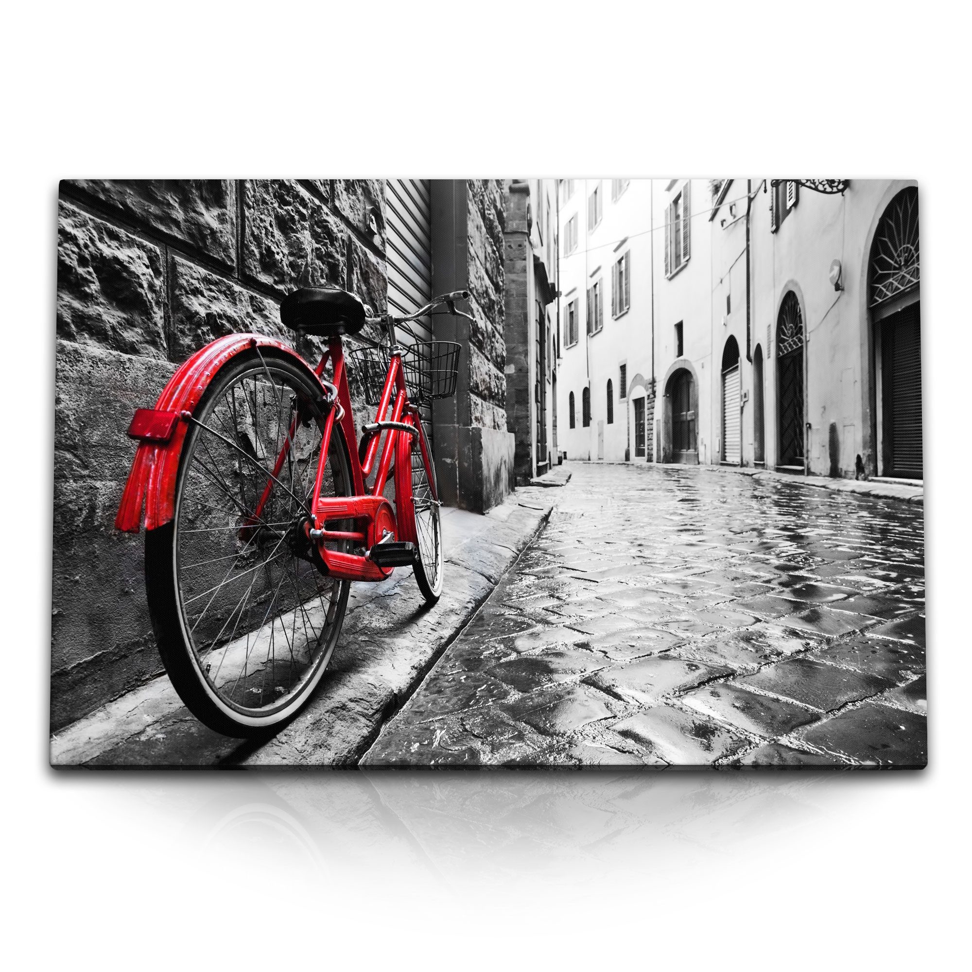 Sinus Art Leinwandbild 120x80cm Wandbild auf Leinwand Rotes Fahrrad alte Gasse Italien Fotoku, (1 St)