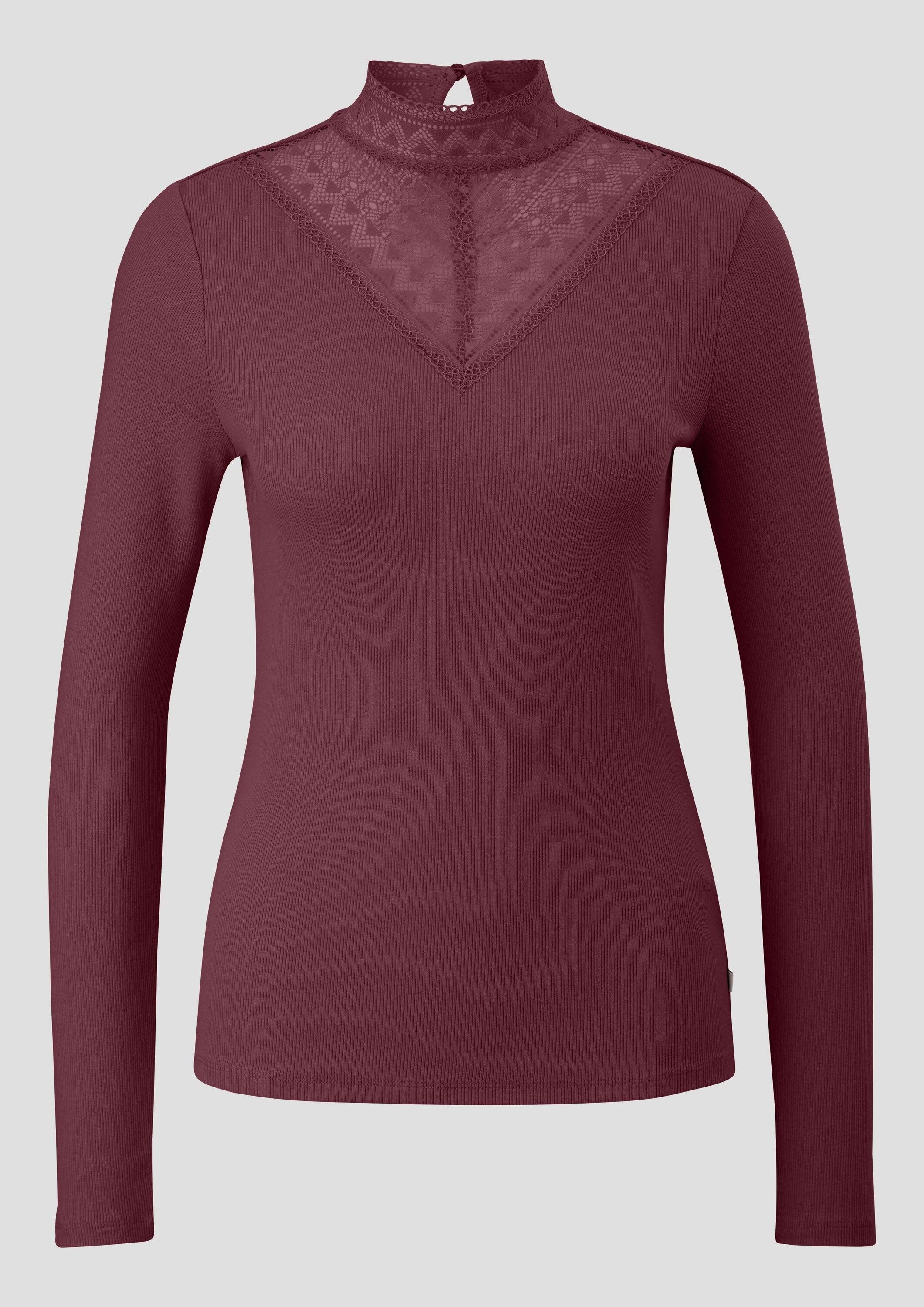 QS Langarmshirt T-Shirt Rippshirt mit Spitzeneinsatz und Stehkragen