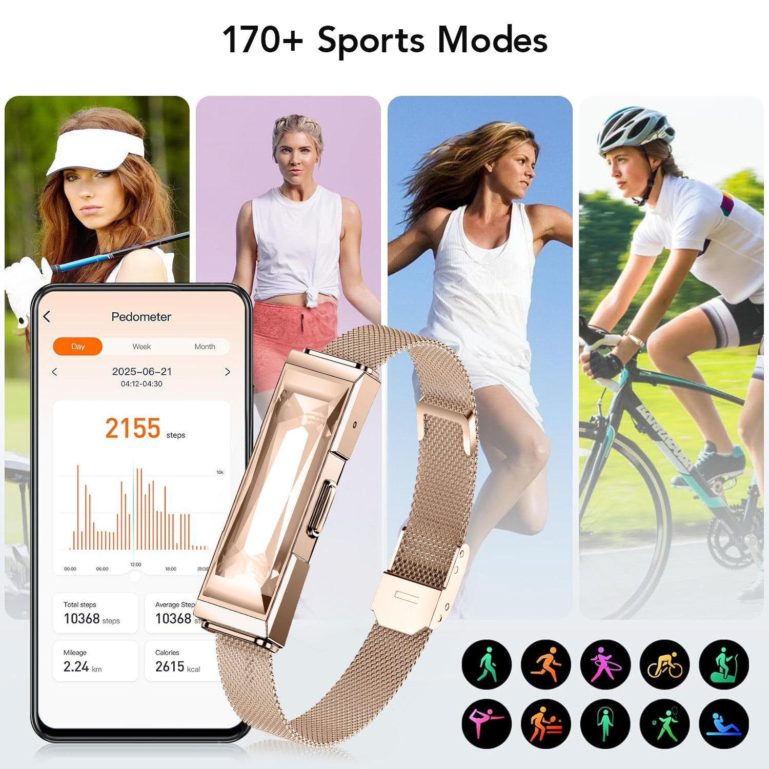 ANYSUN Fitness Tracker Uhr für Damen Herren,Smart Armband Smartwatch (47 cm) Smart-Armband,Schrittzähler/Blutsauerstoff/HRV/Schlaf-Tracker, Modisches Edelstein-Armband mit Nachrichten-/Anruferinnerung