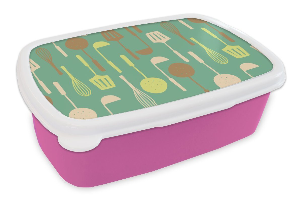 MuchoWow Lunchbox Spatel - Löffel - Muster - Küche, Kunststoff, (2-tlg), Brotbox für Erwachsene, Brotdose Kinder, Snackbox, Mädchen, Kunststoff rosa