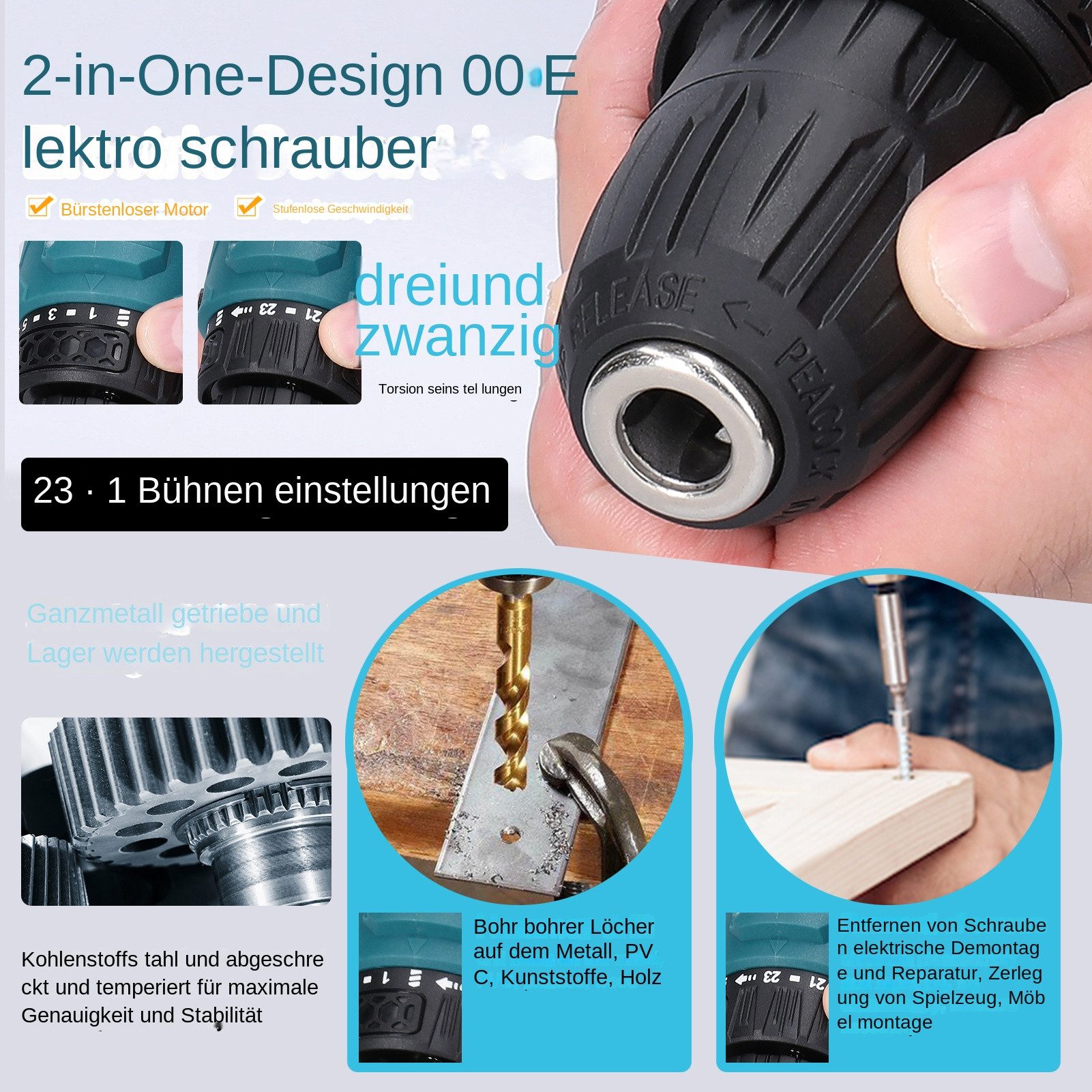 GARRYFIZH Bohrschrauber Bohrschrauber Akku Bohrschrauber Akkuschrauber Set, (Packung, Inklusive 2 Akkus), Bürstenloser Motor LED-Anzeige Hocheffiziente Wärmeableitung