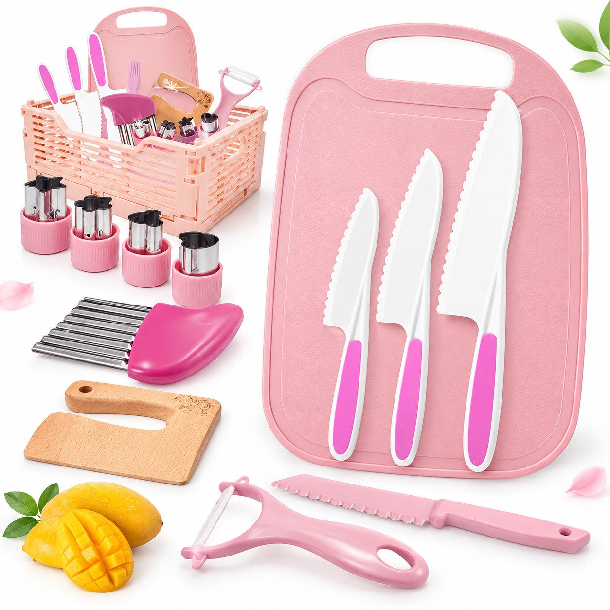 Wootoy Kinder-Küchenset Küchenspiele Kinder Küchenmesser Set 13-teilig mit Aufbewahrungsbox, (Lernspielzeug Messerspielzeug für Kinder, 13-tlg., mit Gezahnte Klinge Messern Schneidebrett Schäler Ausstechformen), Ideal für Rollenspiele sowie kreative Familien und Freizeitaktivitäten