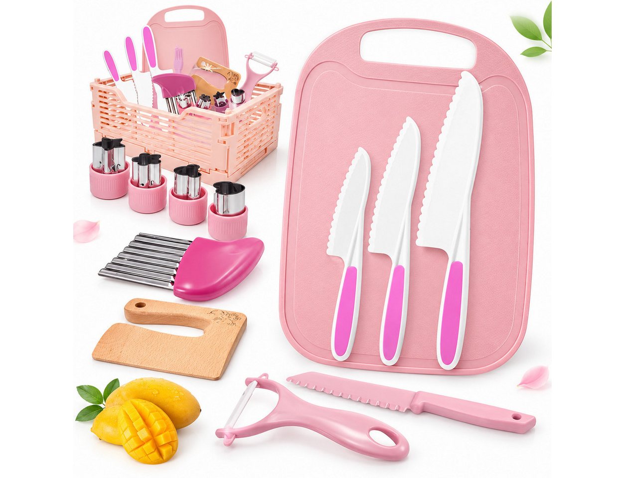 Wootoy Kinder-Küchenset Küchenspiele Kinder Küchenmesser Set 13-teilig mit Aufbewahrungsbox, (Lernspielzeug Messerspielzeug für Kinder, 13-tlg., mit Gezahnte Klinge Messern Schneidebrett Schäler Ausstechformen), Ideal für Rollenspiele sowie kreative Famil