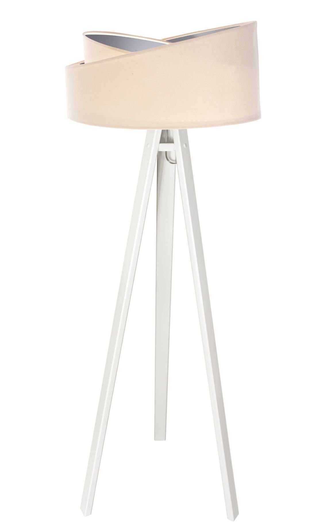 Licht-Erlebnisse Stehlampe MADAN, ohne Leuchtmittel, Standleuchte Tripod  Weiß Creme Silber Holz Stoff Wohnzimmer Lampe