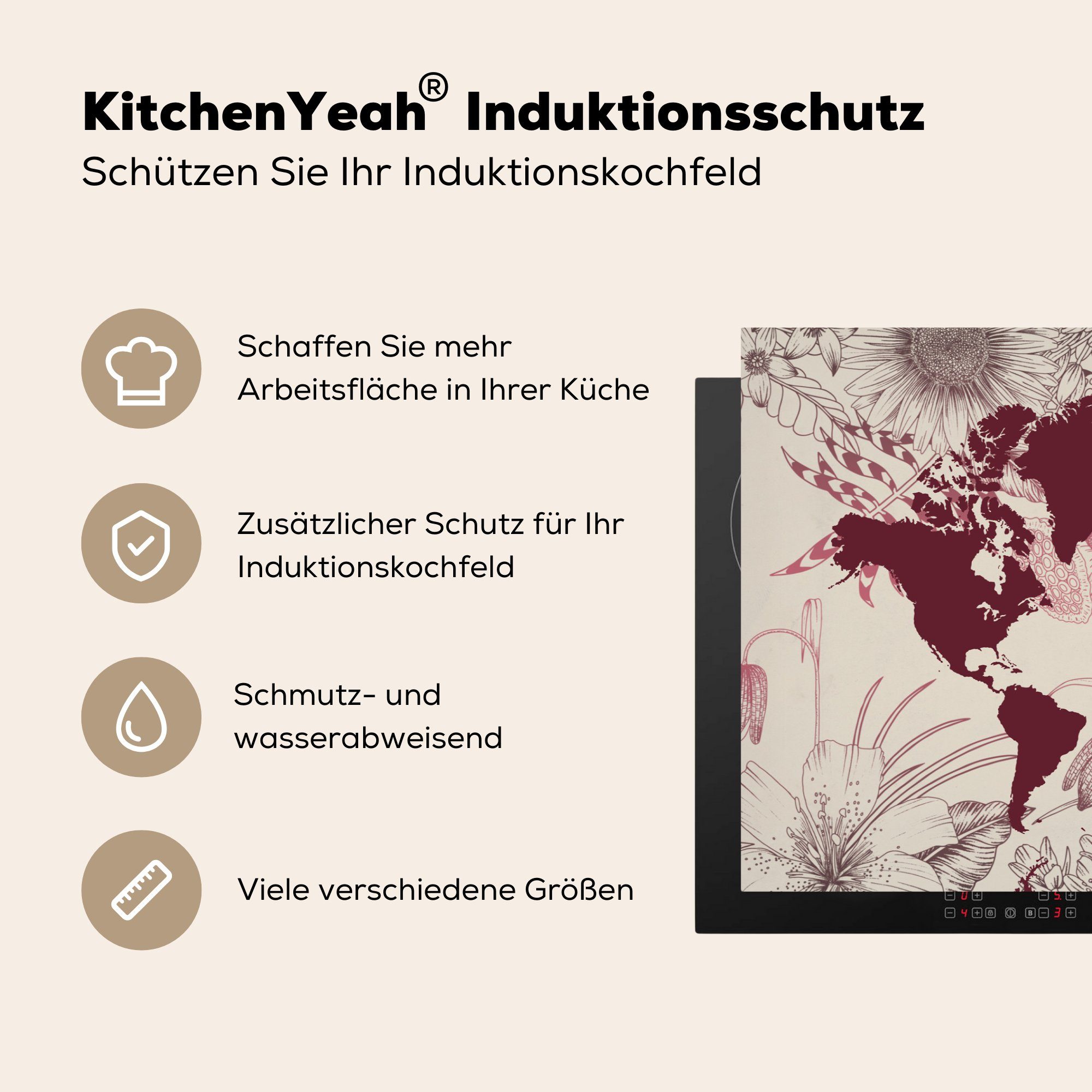 MuchoWow Herdblende-/Abdeckplatte küche, Weltkarte Schutz cm, tlg), - (1 81x52 für Vinyl, die Induktionskochfeld Rot - Ceranfeldabdeckung Blumen