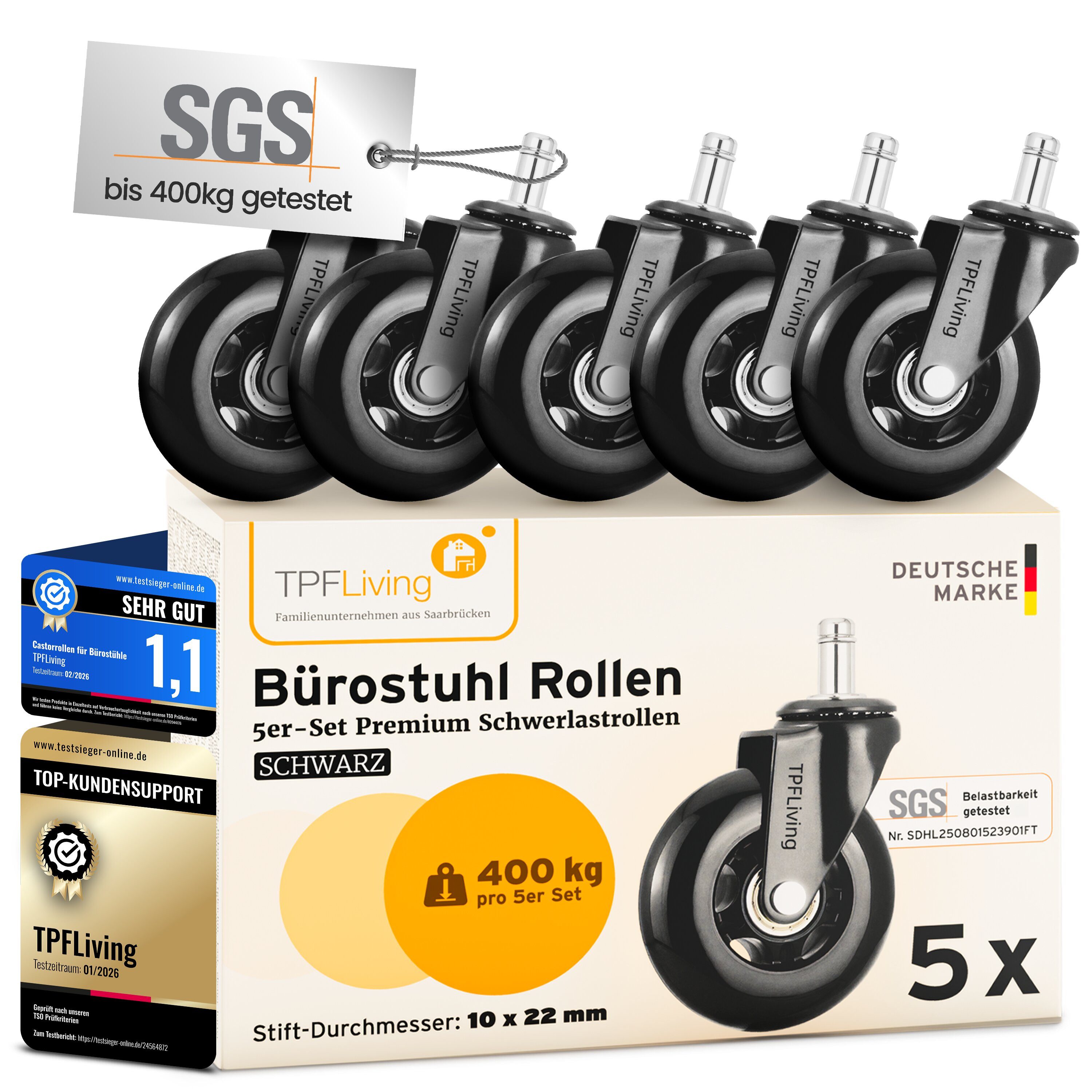 TPFLiving Stuhlrolle TPFLiving Bürostuhlrollen - Stuhlrollen Premium - 10 Jahre Garantie, (5-St., 5er Set Rollen für Bürostuhl 11x22mm - Invictus ProGlide schwarz), Von uns entwickelt für höchste dynamische Belastungen bis 400 kg