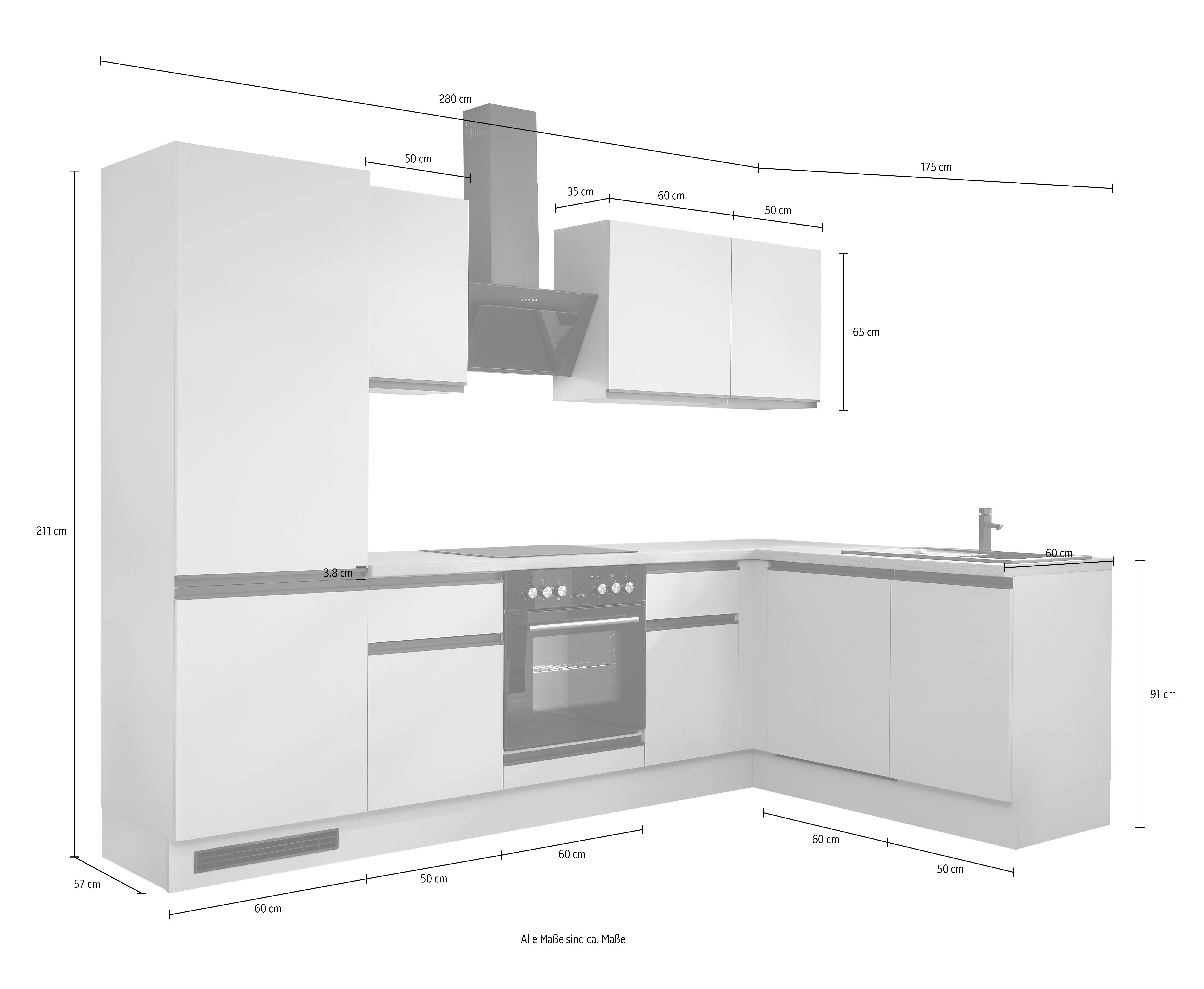 BASIC by Balculina Winkelküche Nizza B/H/T 280x211x60 cm, Breite 280 cm, wahlweise mit E-Geräten und Induktionskochfeld