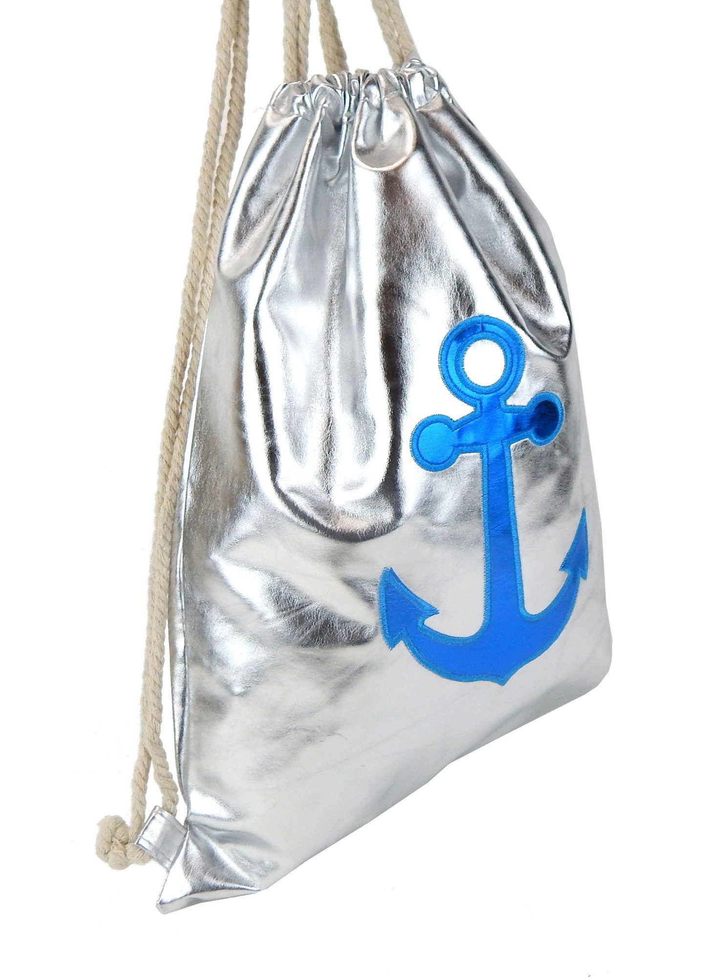 Ella Jonte Gymbag, silber metallic mit Anker blau maritim