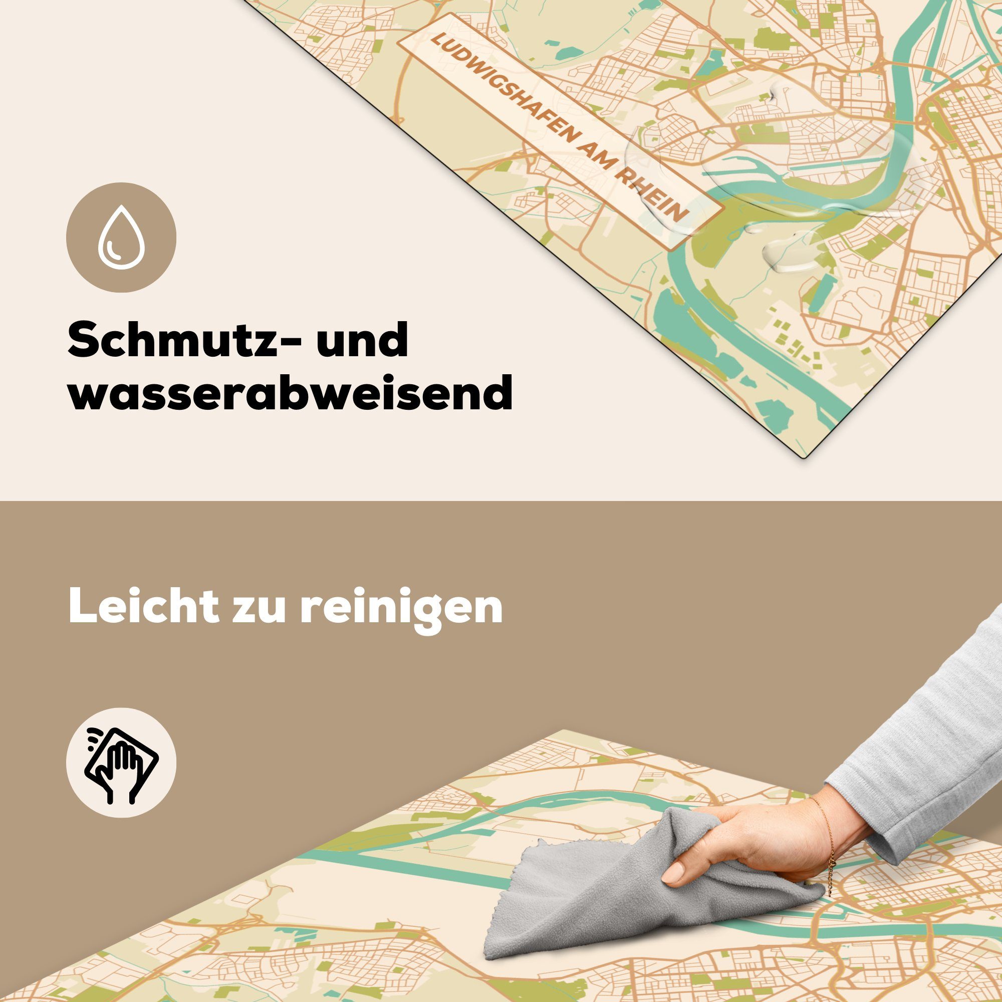 MuchoWow Herdblende-/Abdeckplatte Ludwigshafen tlg), Arbeitsplatte Karte, Ceranfeldabdeckung, für Jahrgang 78x78 - - cm, am küche - Stadtplan (1 Vinyl, Rhein