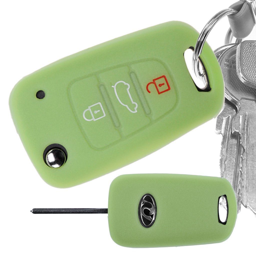 mt-key Schlüsseltasche Autoschlüssel Softcase Silikon Schutzhülle fluoreszierend Grün, für Hyundai i30 ix20 ix35 KIA Soul Sportage 3 Tasten Klappschlüssel
