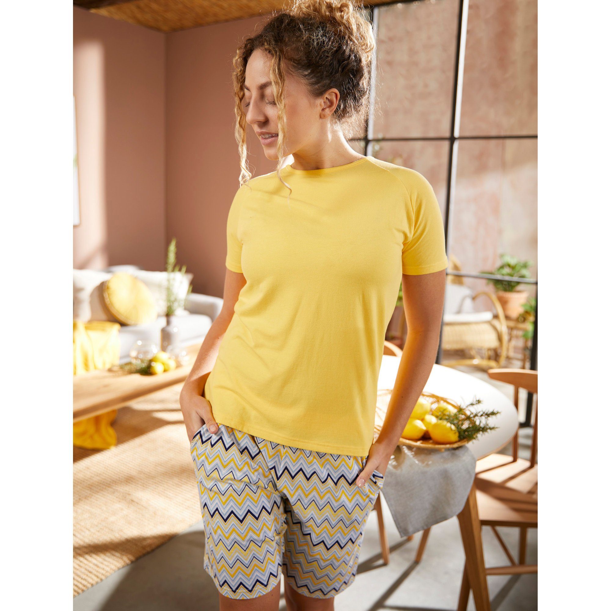 Pyjama gelb Single-Jersey gemustert Müller Damen-Shorty Erwin