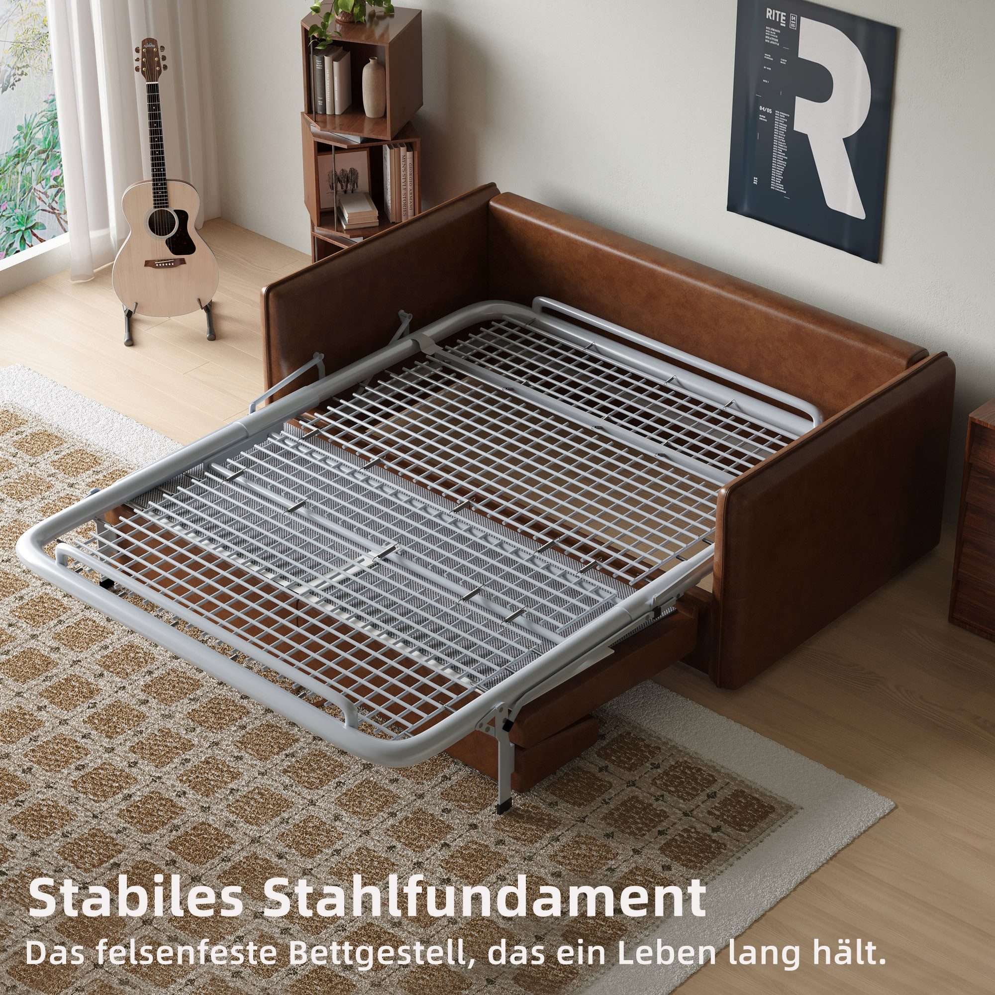 oleyluckidea Schlafsofa 3-in-1 schlafcouch ausziehbar,160cm mit Matratze,sofabett Lederoptik, Set, Zum Bett umwandelbar, braun – Bild 4 von 5