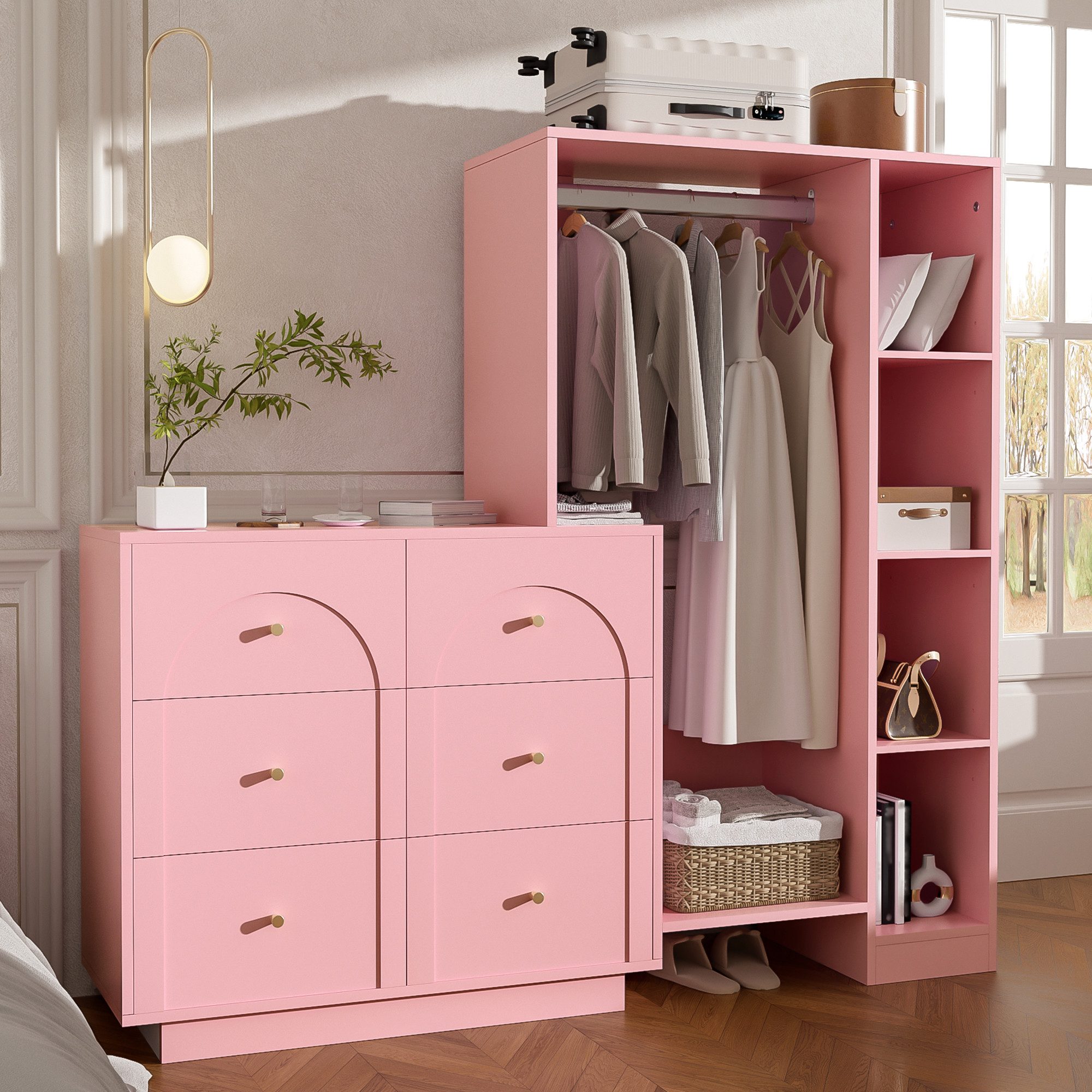 Flieks Garderoben-Set Garderobenständer Kleiderschrank & Kommode mit 6 Schubladen, (B139xT35xH133 cm, mit verstellbaren Einlegeböden), Kompaktgarderobe Garderobenschrank Kleiderstange Flurmöbel Weiß