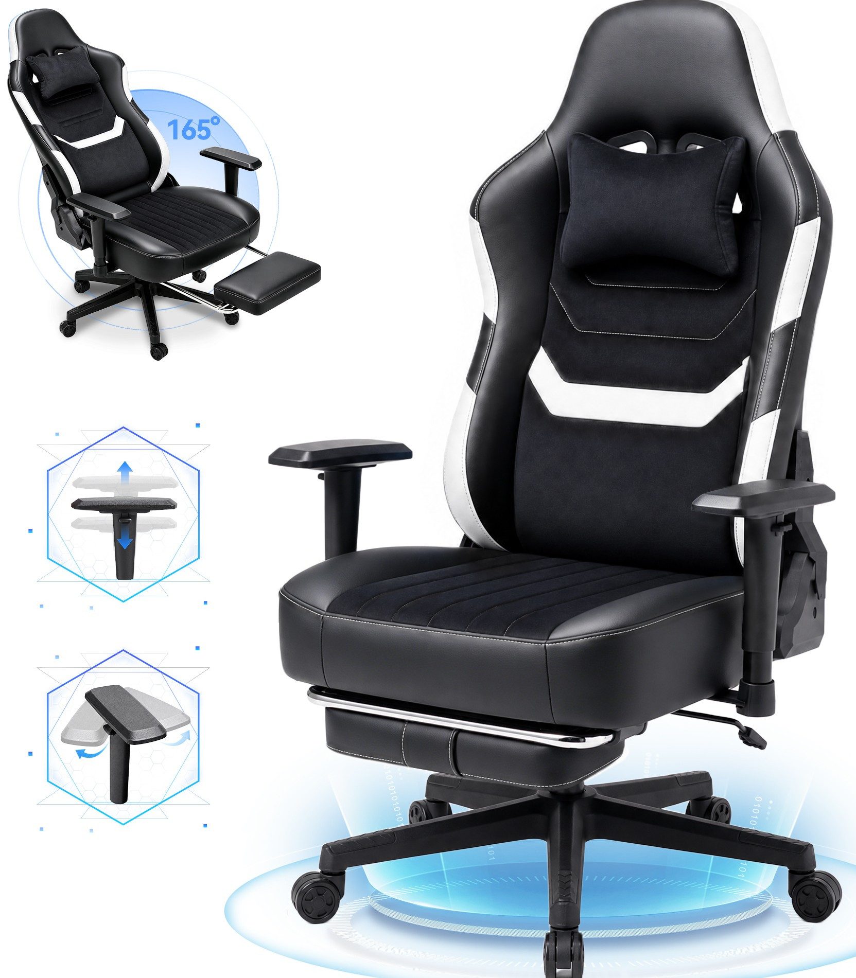 HOMALL Gaming-Stuhl mit Federkern,Komfort für Büro & Gaming,90-165° Rückenlehne,bis 180 kg, gaming stuhl mit Fußstütze,breites & dickes Sitzpolster