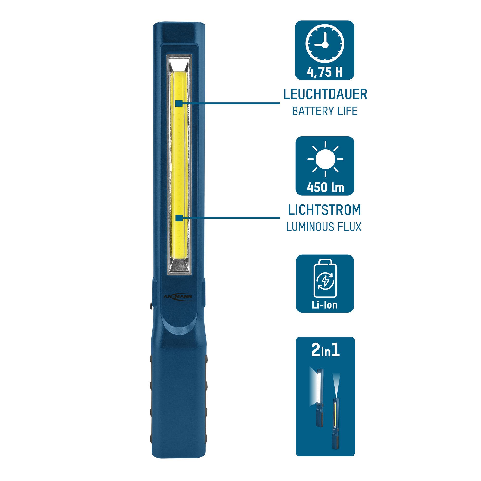 ANSMANN AG LED Arbeitsleuchte Akku LED Werkstattlampe mit 450 Lumen - USB Arbeitsleuchte kabellos, COB-LED