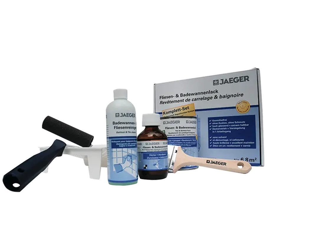 Jaegerlacke Lack 897 Fliesenlack Badewannenlack 2K-Komplett-SET für 6,8 qm hochglänzend, lösemittelfrei, weiss, hochglänzend