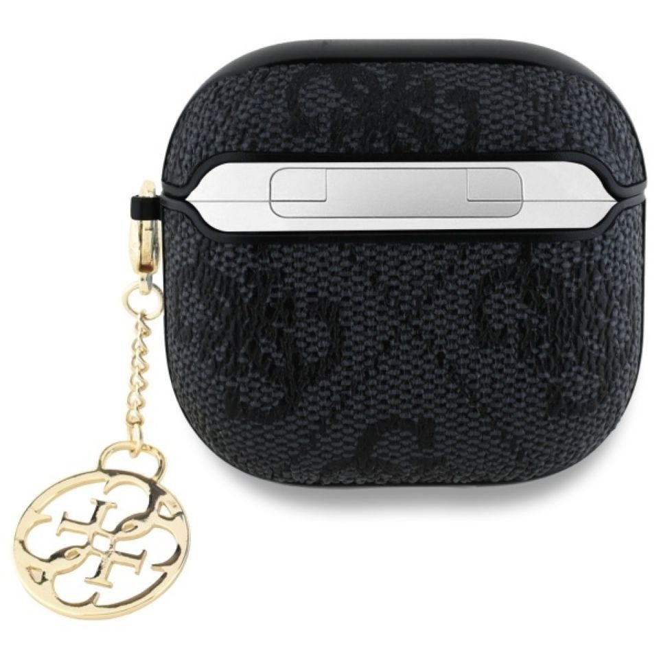 Guess Kopfhörer-Schutzhülle Case AirPods 4 Kunstleder grau Logo Metal Kette goldfarbig, Kantenschutz