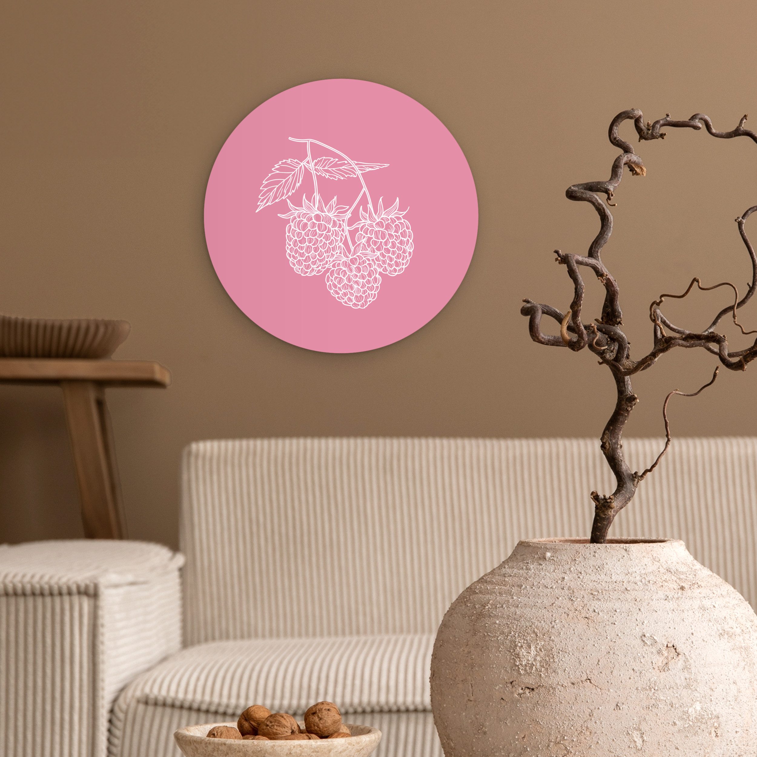 MuchoWow Gemälde Himbeeren - Stiel - Gezeichnet - Rosa, Fotodruck (1 St), Kreis Wanddekoration, Rundes Wandbild, 30x30 cm