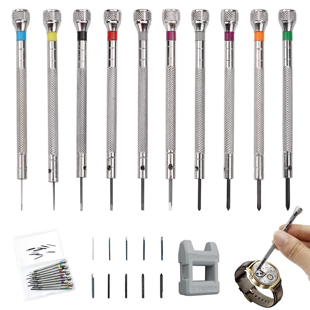 FOUORTUNATE-BEE Schraubendreher 10tlg Uhrmacher Schraubendreher Set Präzisionswerkzeug 0,6-2,0mm, Für Uhren Brillen Handy Reparatur Feinmechanik mit Entmagnetisierer