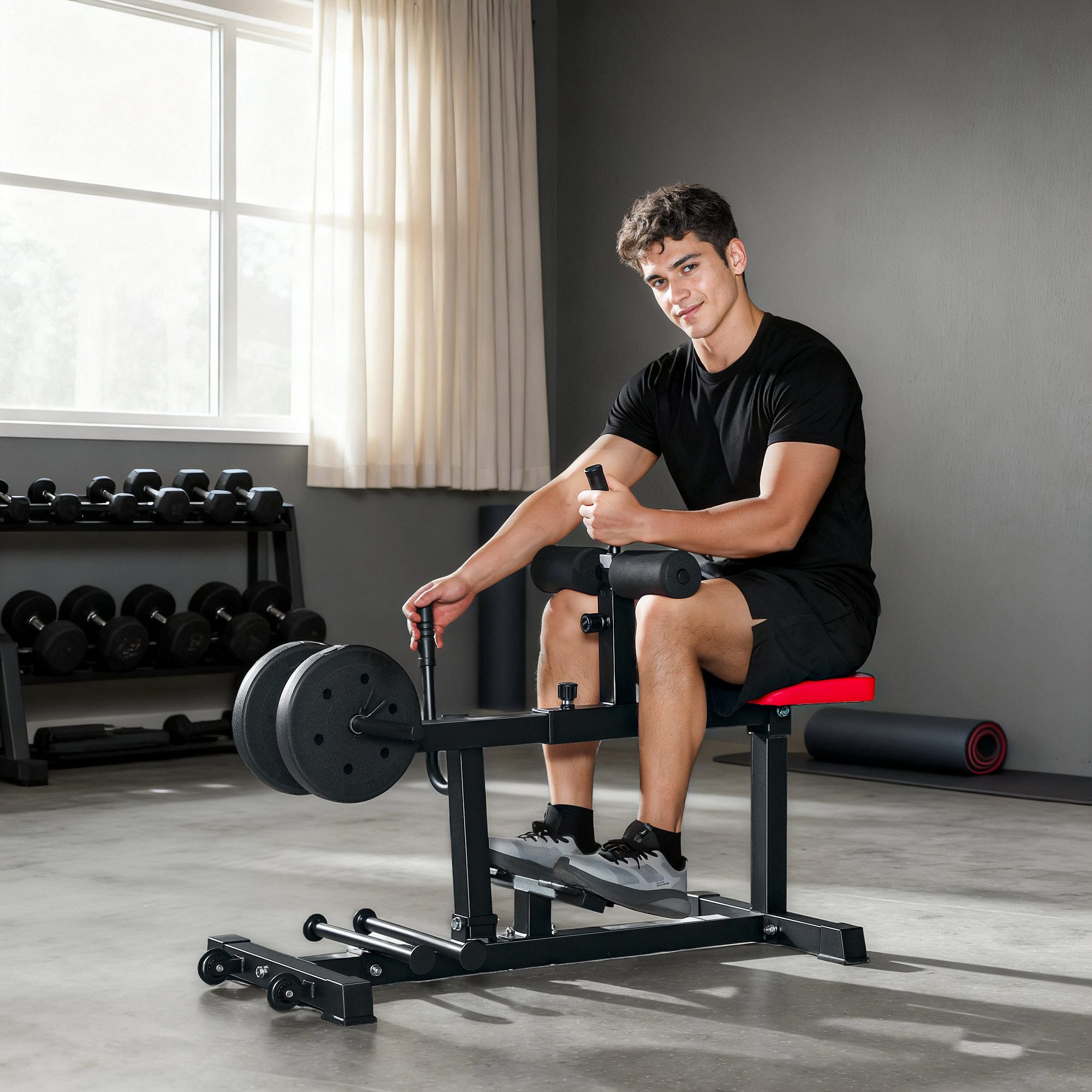 SPORTNOW Multitrainer Beinstrecker, mit Bandstiften und Rädern, Beintrainer für Home Gym, (Beinbeuger, 1-St., Fitnessgerät), Höhenverstellbar, Rot+Schwarz