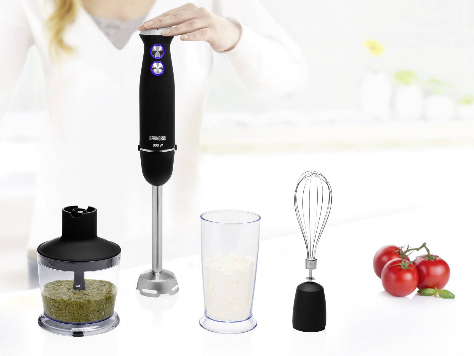 PRINCESS Stabmixer, 800 W, SET Power Hand Küchen-Mixer Zauber Mix-stab Schneebesen & Zerhacker
