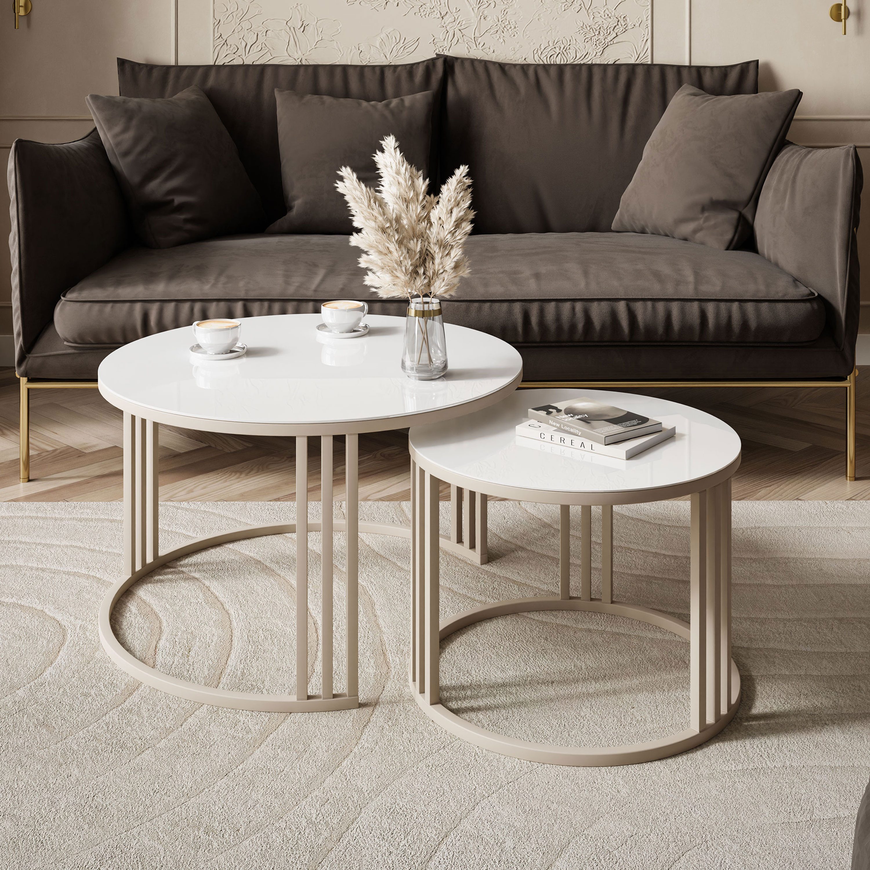 Lookway Couchtisch LORI 2in1 GLASS, runder Couchtisch mit kaschmirfarbenem Gestell (2er Set), Durchmesser: ⌀70 cm und ⌀50 cm