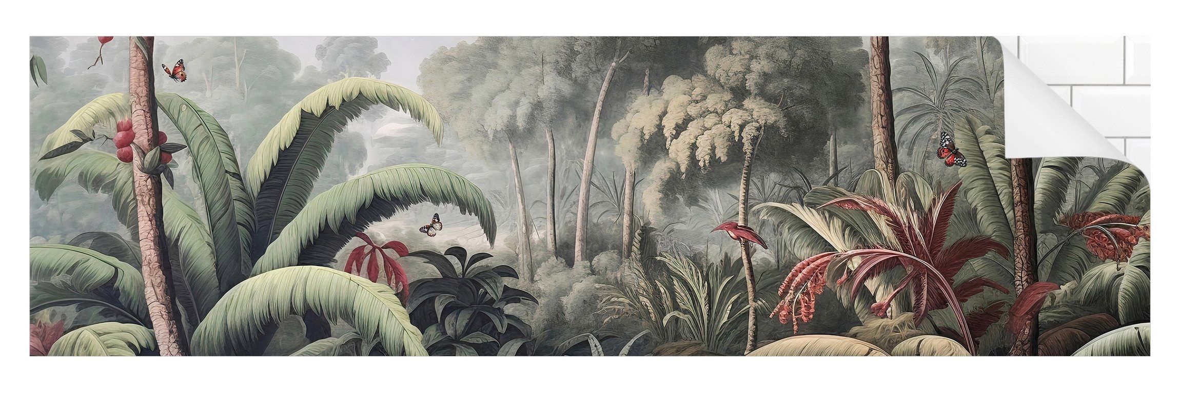 Bilderdepot24 Badrückwand grün fugenlose Wandverkleidung Bad Tropisch, (Hartfolie matt » Selbstklebend SMART 0,35 mm), wasserfestes Wandpaneel Antiker Dschungel roten Früchten