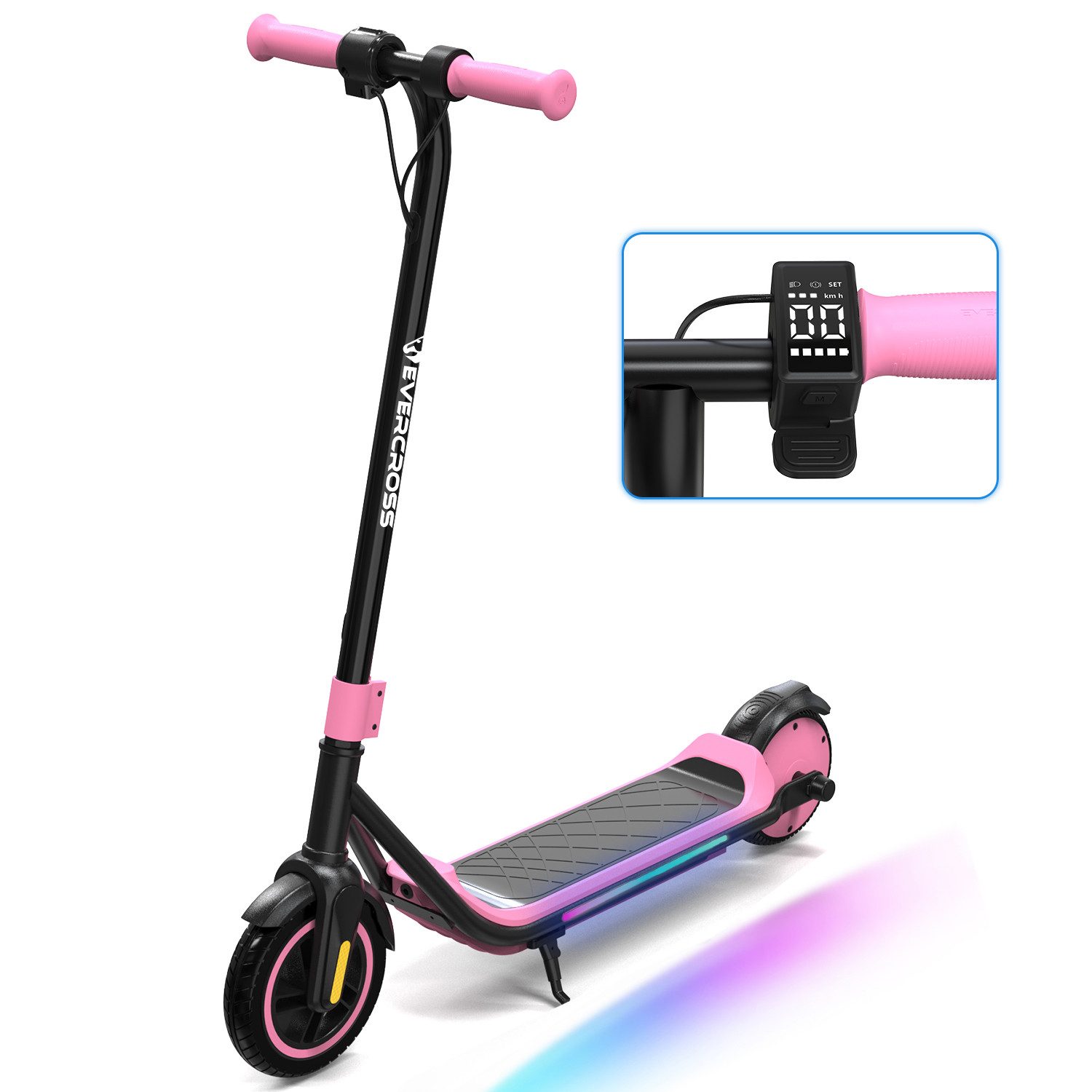 EVERCROSS TECH Elektro-Kinderroller E6 7'' E-Scooter für Kinder 6-12 Jahren, bis zu 15 km, Max 16KM/H, LED Display, 3 Gänge, Anti-Rutsch-Pedal